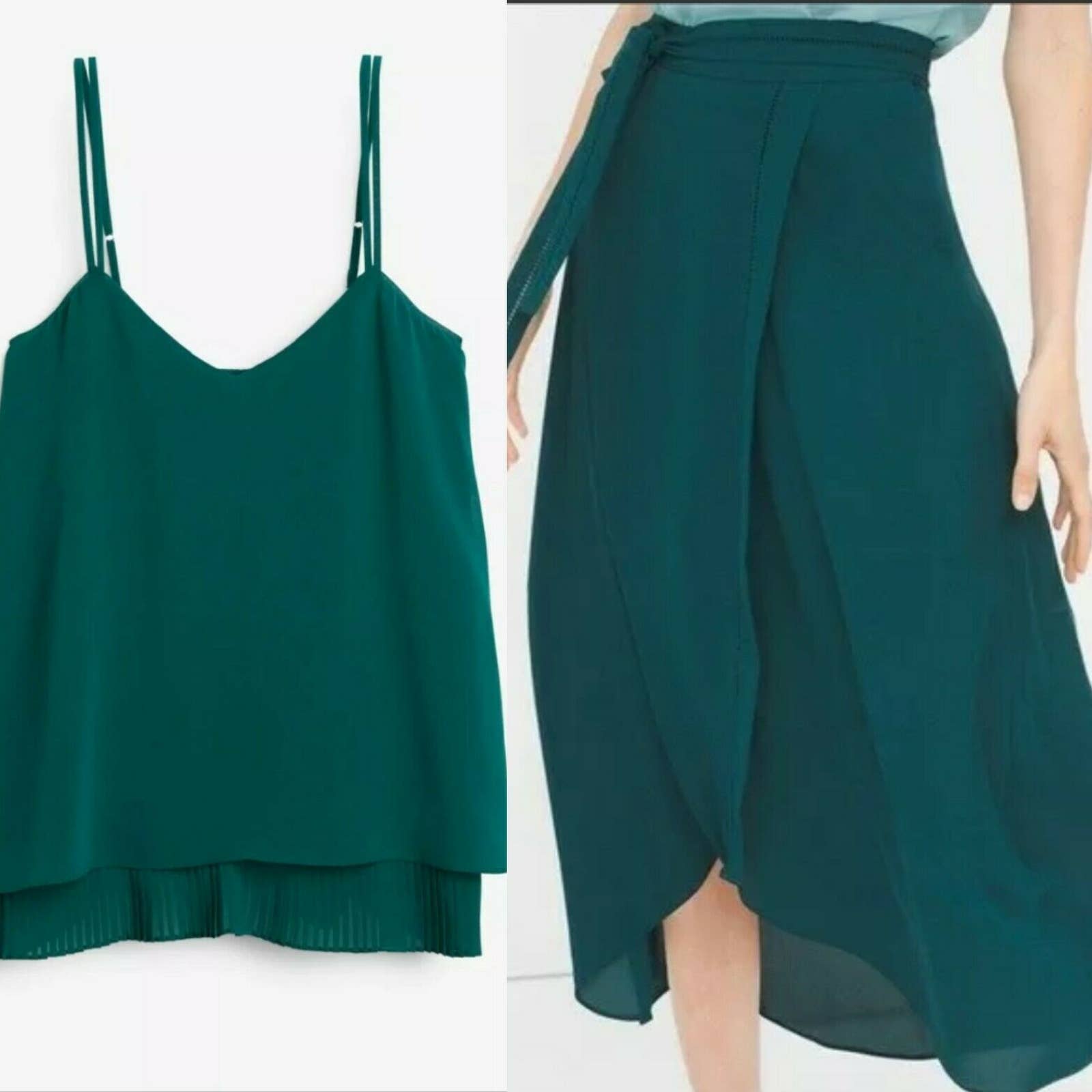 White House Black Market Green Pleated Tank Top and Midi Skirt Set Size XS 2