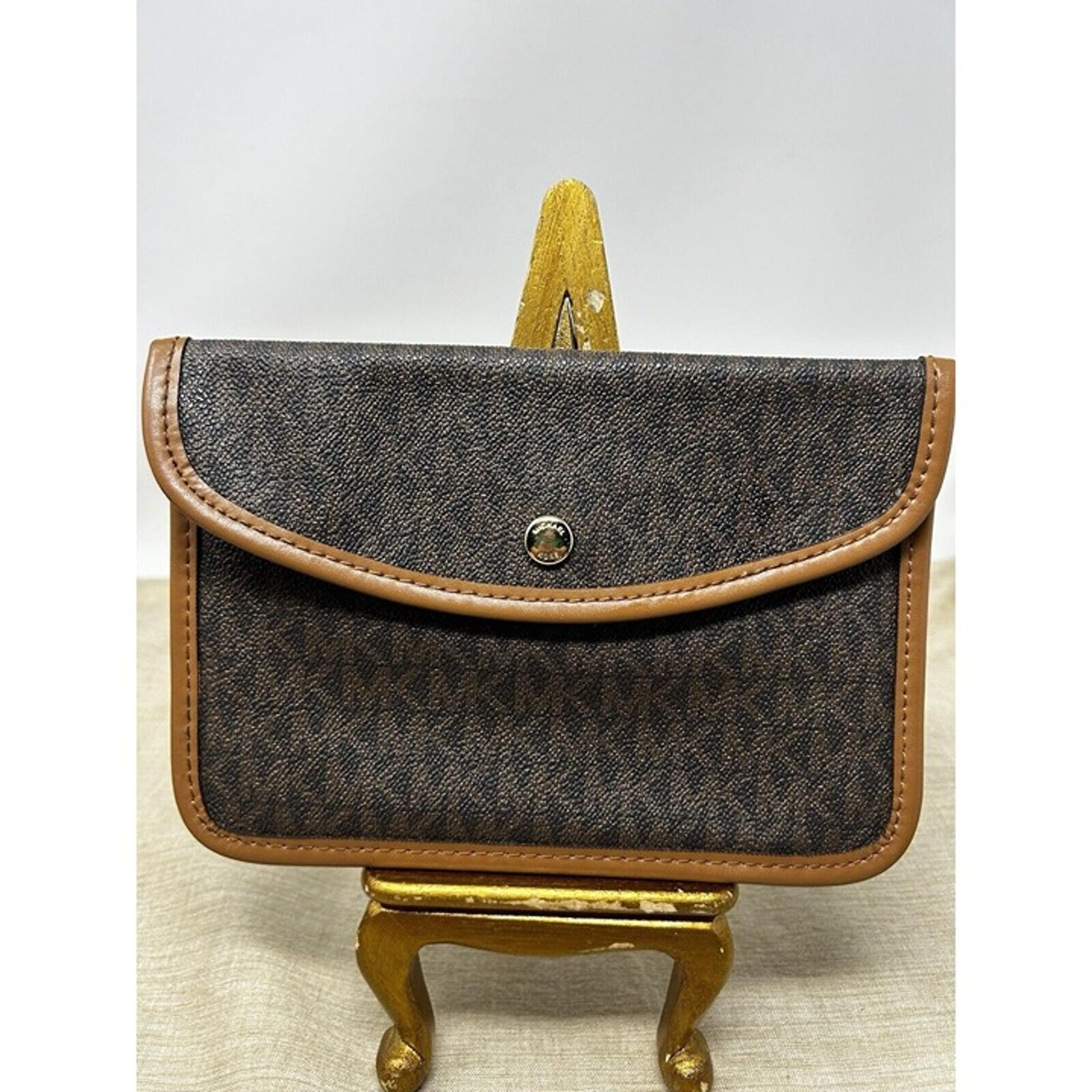 Michael Kors Brown MK Logo Pattern Light Trim Snap Closure Small Bag Storage