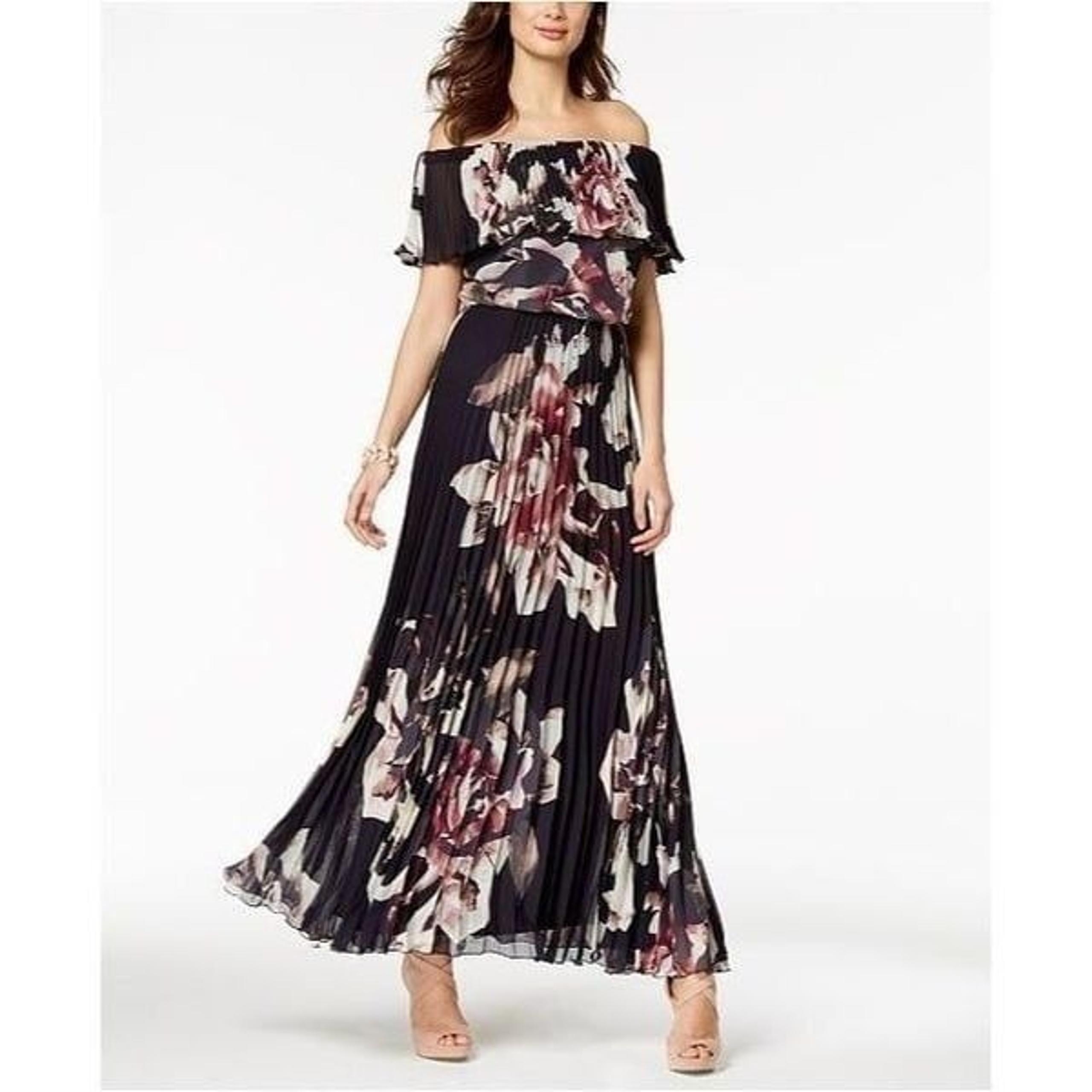 Xscape Off-Shoulder Floral Chiffon Dress in Navy Size 12