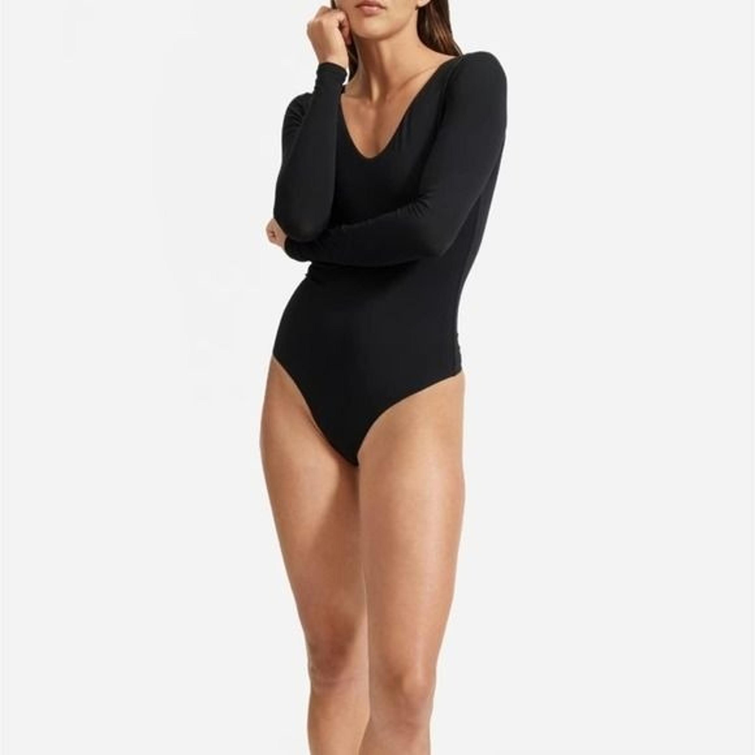 Everlane Womens The Long-Sleeve V-Neck Bodysuit Black Thong XS