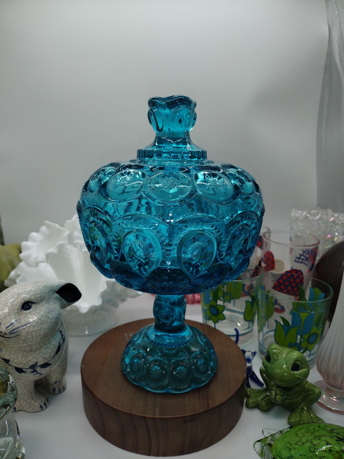 LE Smith Moon & Stars Aqua / Peacock Blue Pedestal Compote / Candy Dish w/ Lid