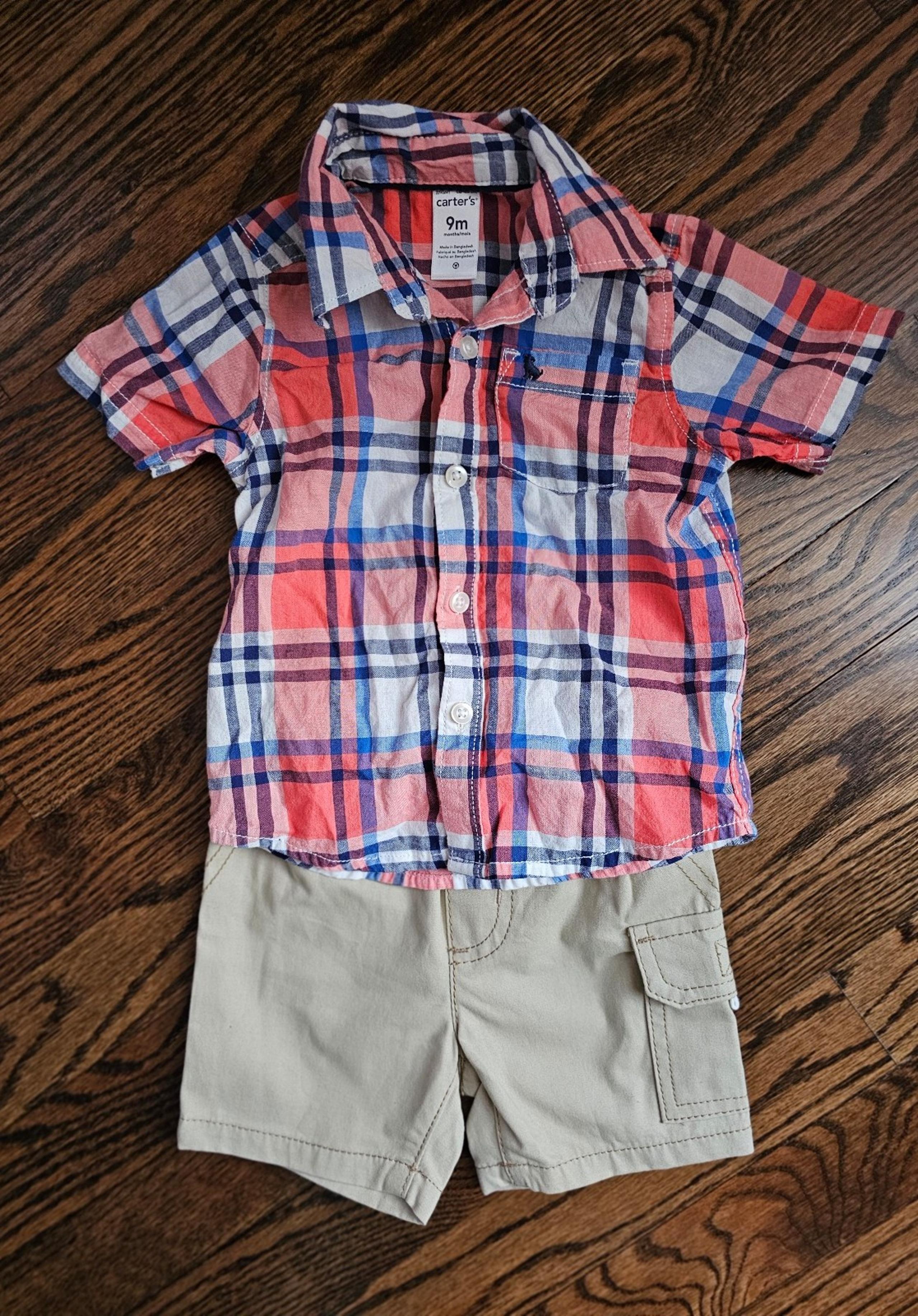 Carter's Baby Boy Pink Blue Collared Shirt and Shorts, Size 9 Months