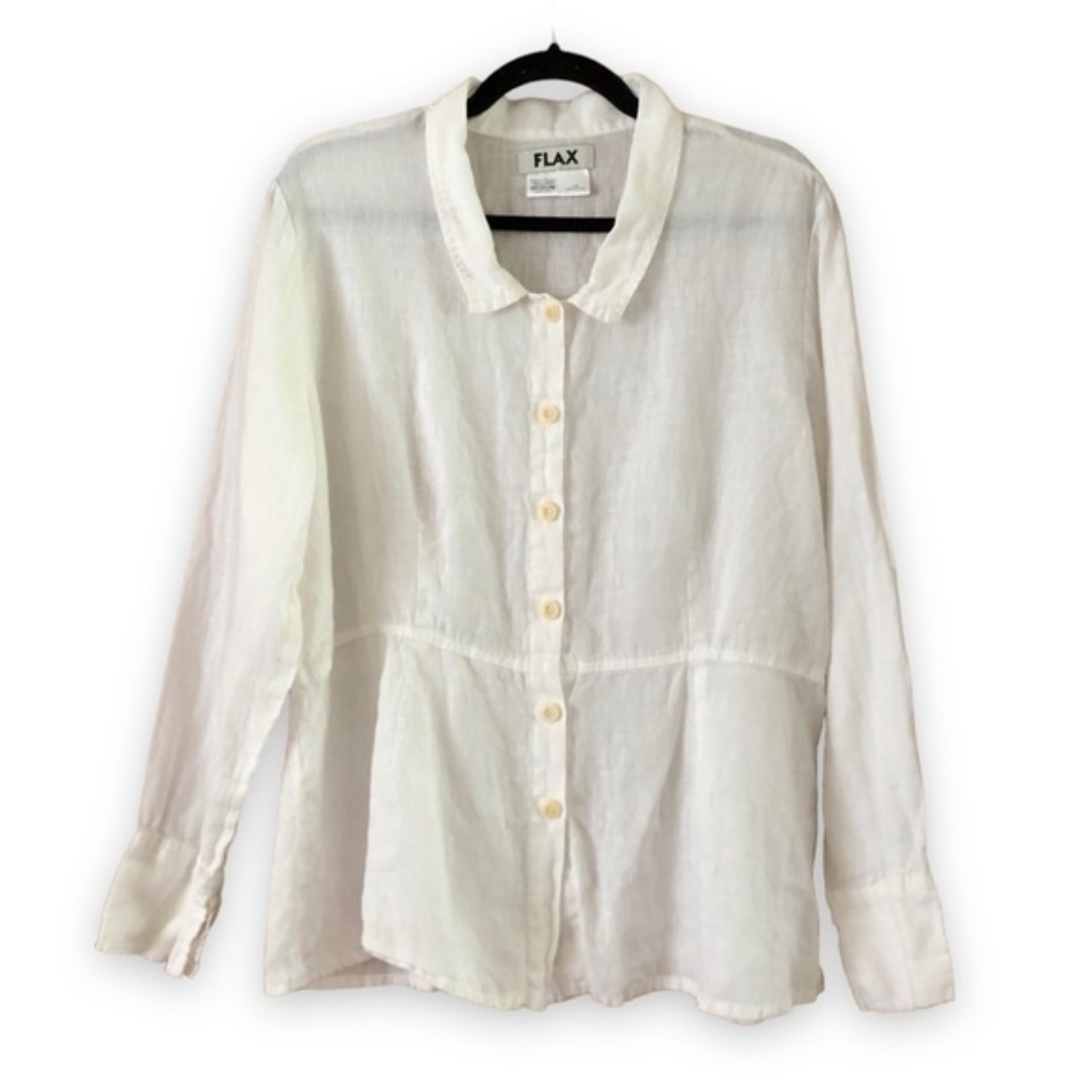 Flax White Linen Button Up Long Sleeve Shirt Peplum Size Medium