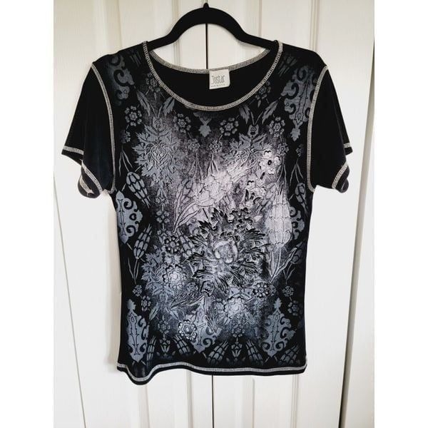 Jostar M Slinky Knit Top Vintage Size Med Black White Floral *Size Tag Missing*