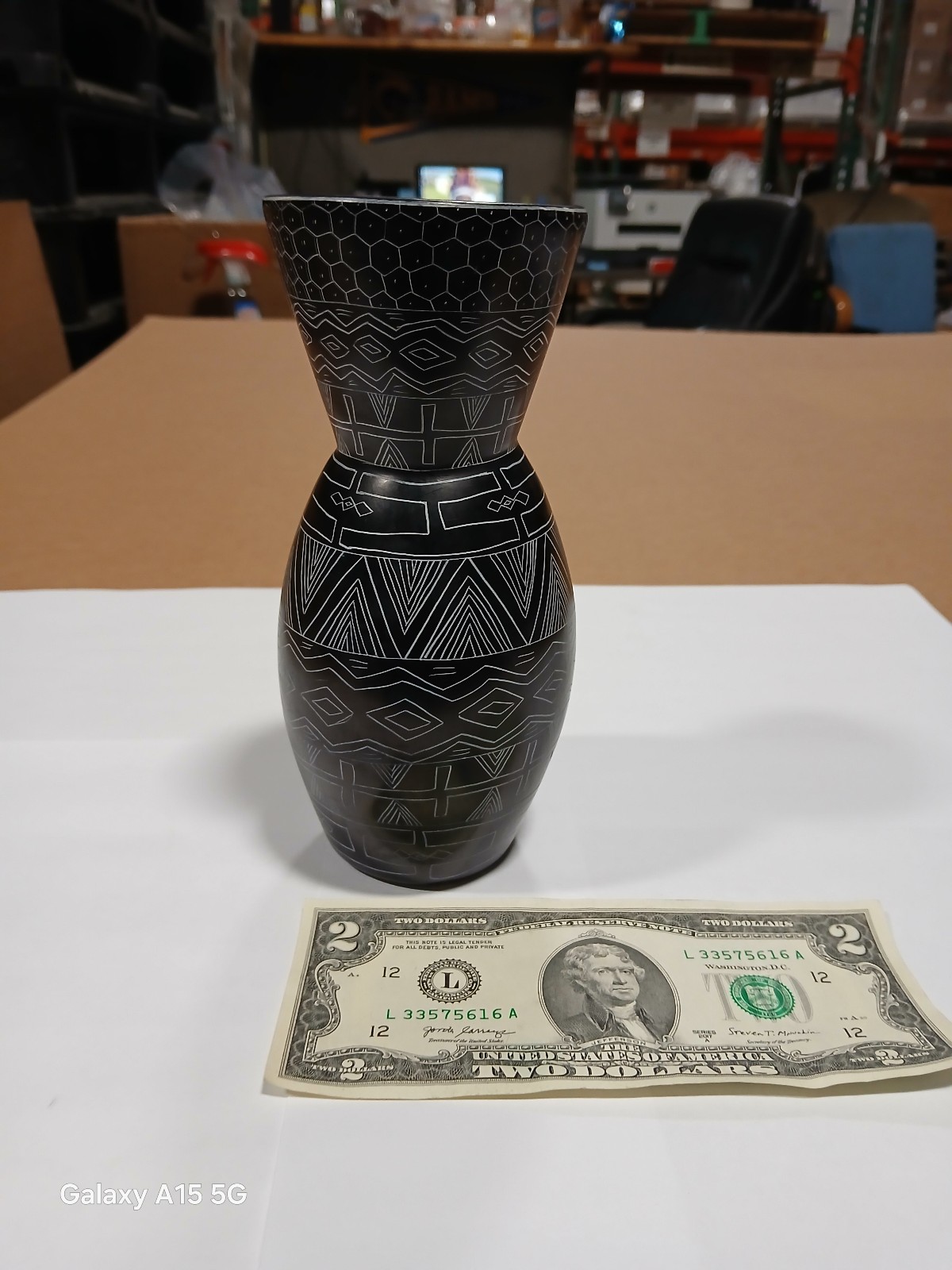 Vintage 1970's Handcarved Black & White African Tribal Patterned Soap Stone Vase