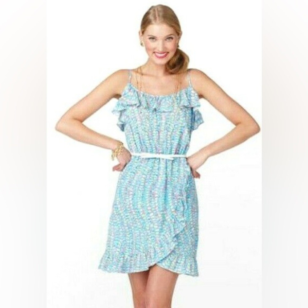 Lilly Pulitzer Kalen Multi Clam Jam Flounce Ruffle Faux Wrap Dress Sz M EUC