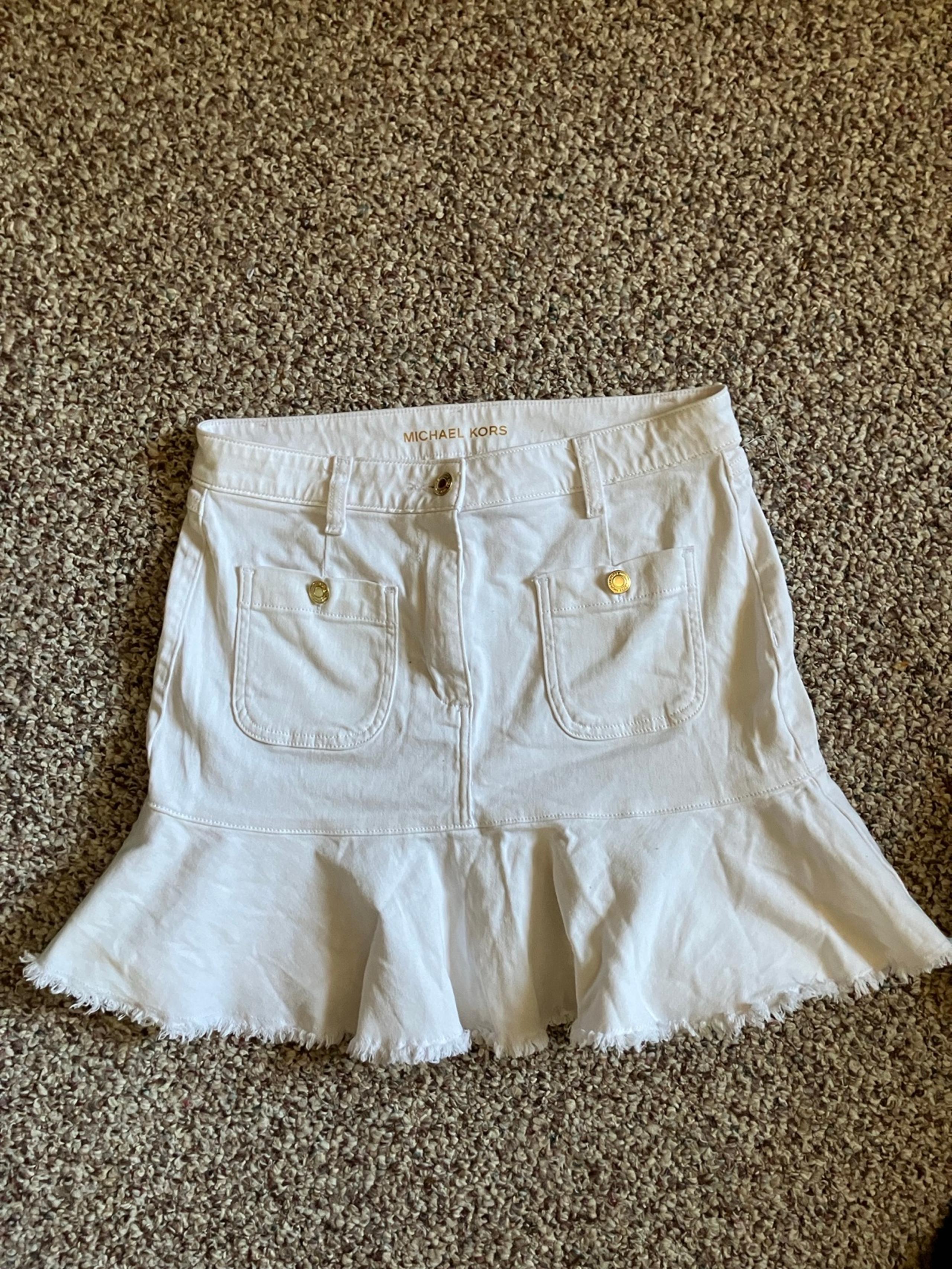 NWT Michael Kors Womens Mini Skirt Raw Hem Flounce White Denim Size 8