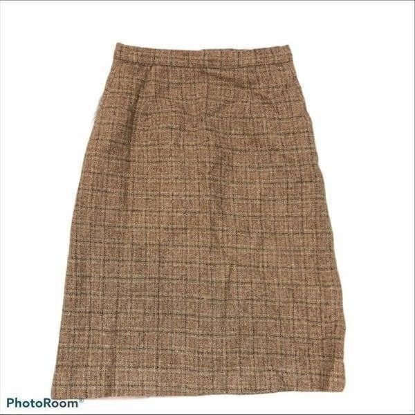 Vintage Wool Tan Plaid Midi Skirt Lined