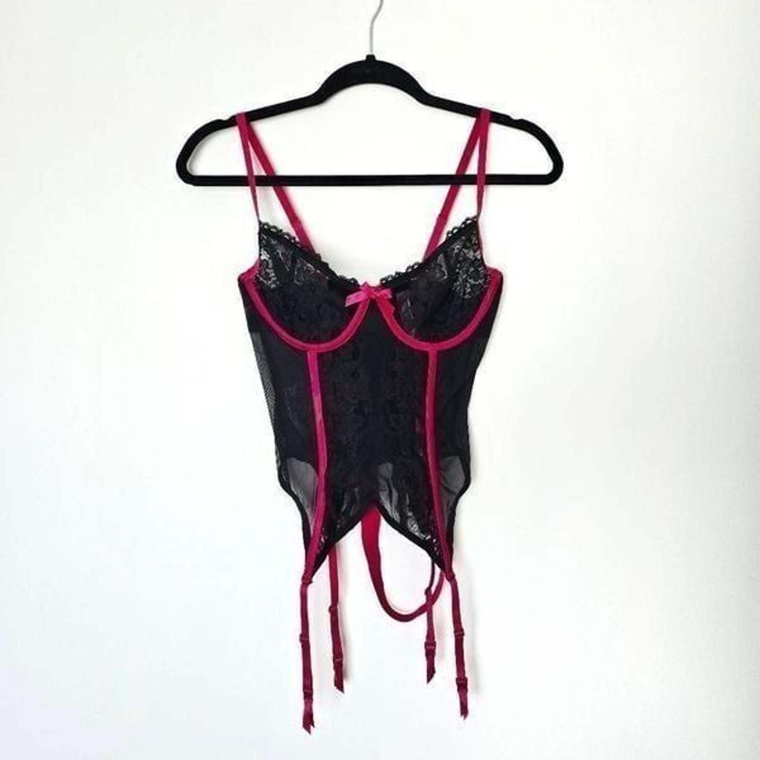 Adore Me Women's Medium Pink Black Merrywidow Hot Garter Belt Corset Lingerie