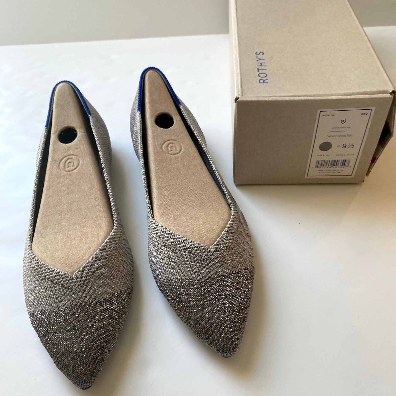Rothy's The Point Toe Ballet Flat Slip-On Silver Metallic Captoe