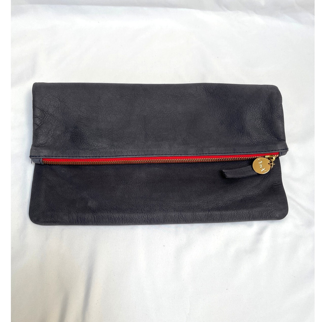 Clare V Vivier Navy Blue Suede Leather Foldover Clutch Pouch Red Trim