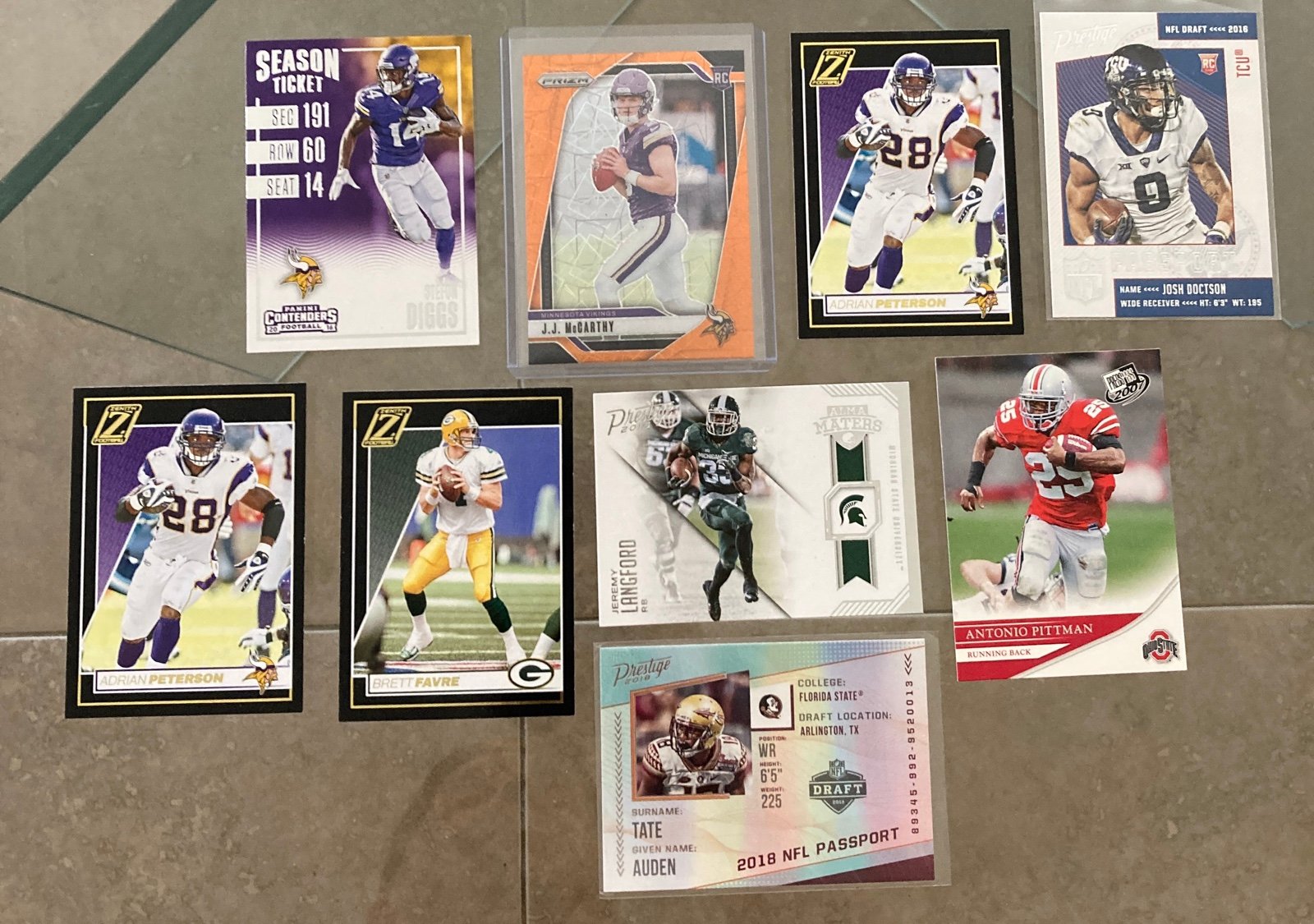9 card lot including 2024 Panini Prizm J.J. McCarthy Orange Lazer Rookie Card nu
