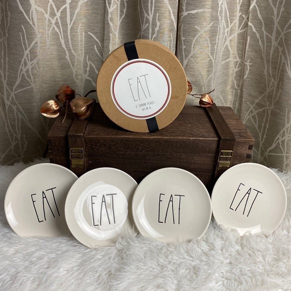 RAE DUNN FARMHOUSE HOME DECOR CERAMIC OG EAT M PLATES KITCHEN DESSERT RD