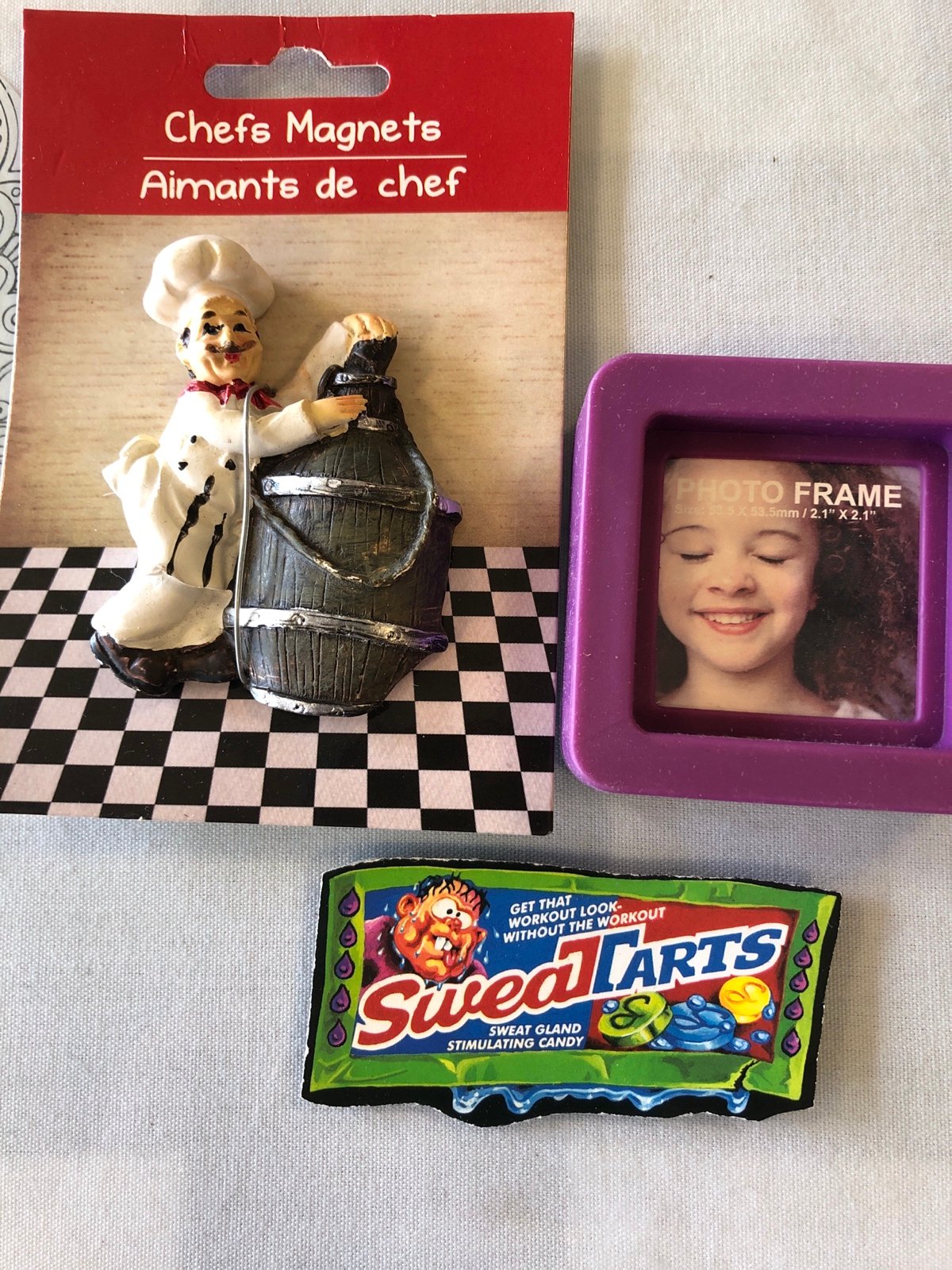 vintage fridge magnets chef purple candy lot of 3