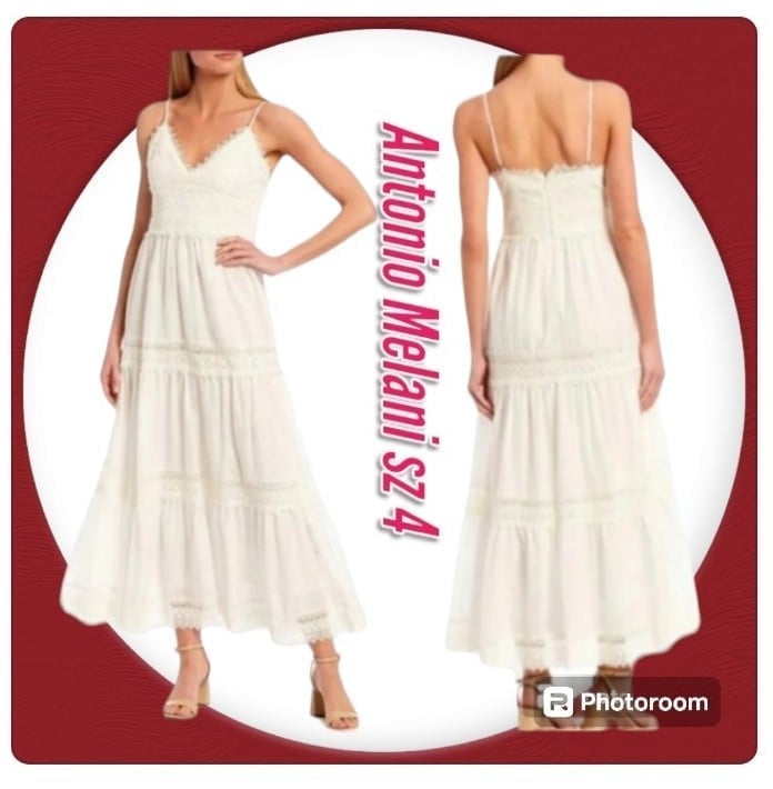 Antonio Melani Mikaela White Lace Trim V-Neck Sleeveless Tiered Maxi Dress