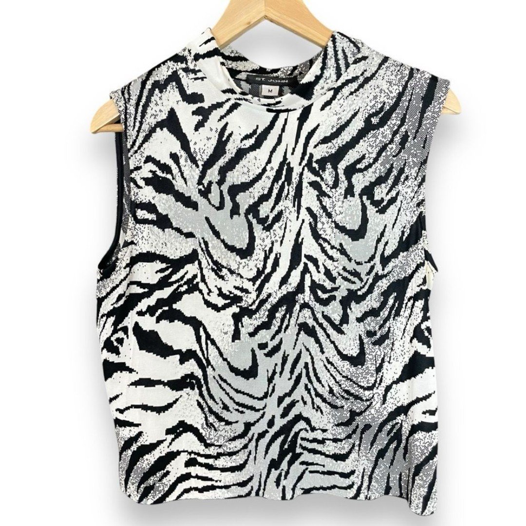 St John Zebra Shell Vintage Animal Print Knit Tank Top Mock Neck Women Medium