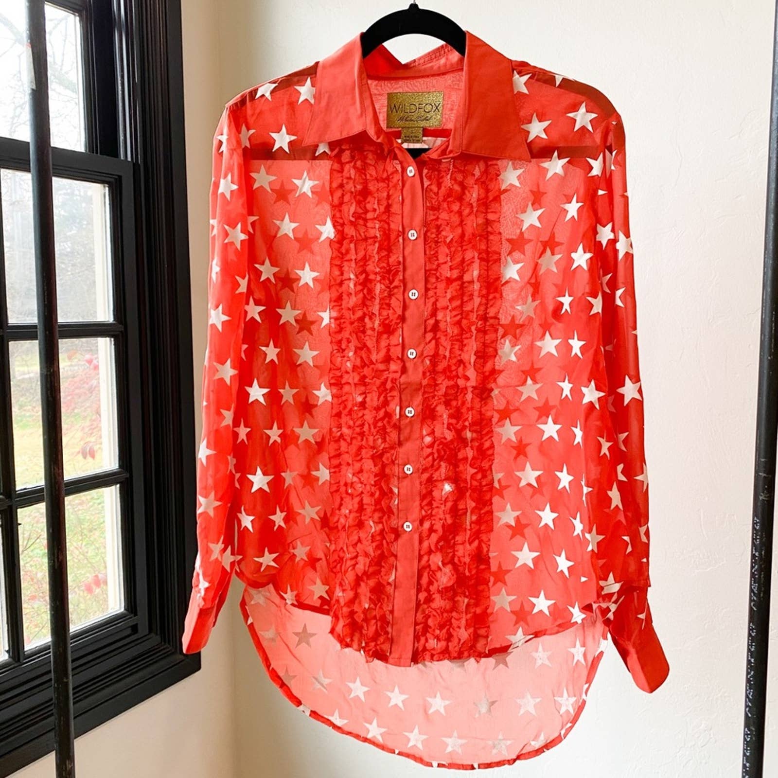 WILDFOX WHITE LABEL Women's Orange/White Star Sheer Tuxedo Ruffle Shirt sz S