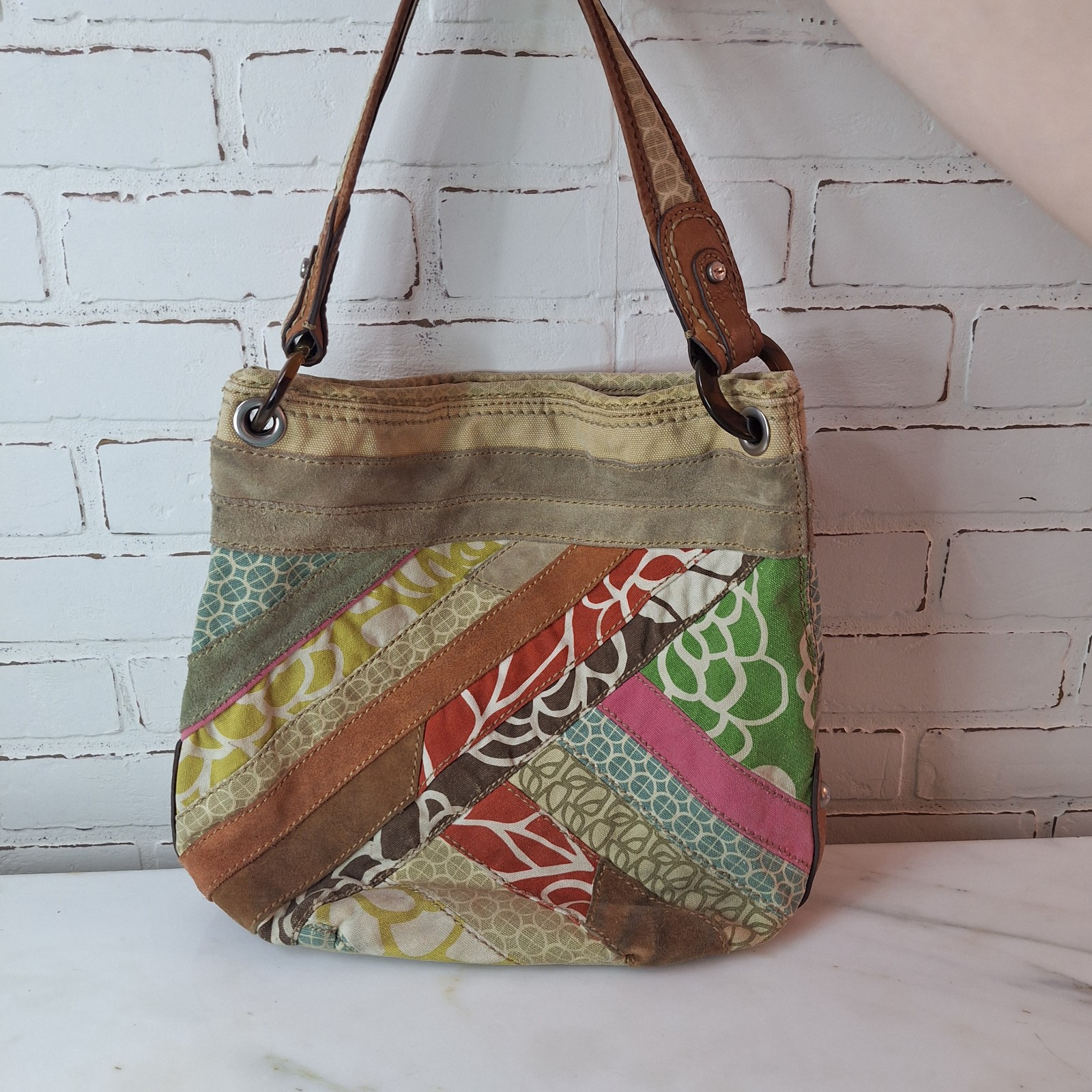 FOSSIL Suede Leather Patchwork Boho Hobo Shoulder Bag Purse Handbag