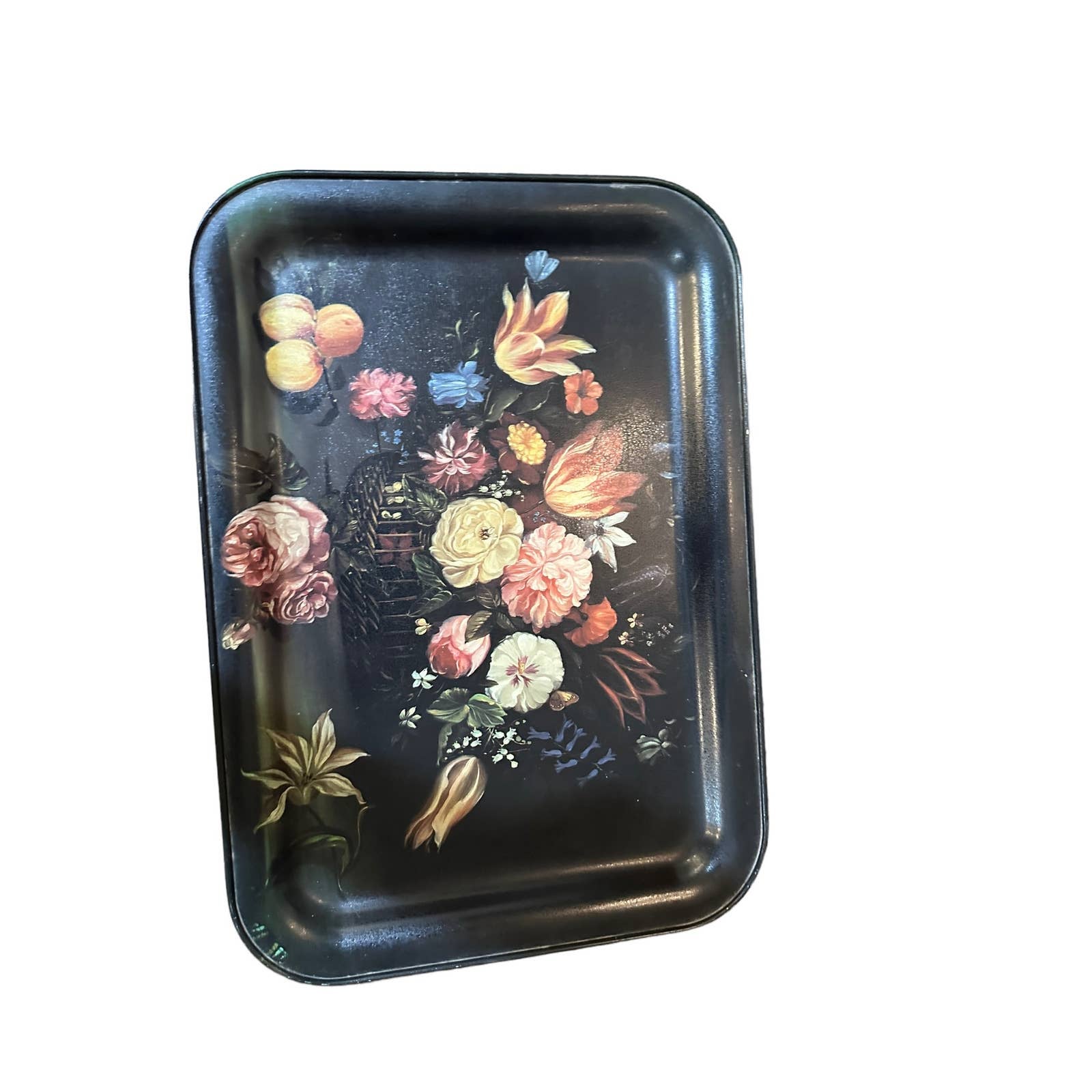 Vintage Metal Tray Black Floral Flowers Breakfast Lap Serving Work Tray