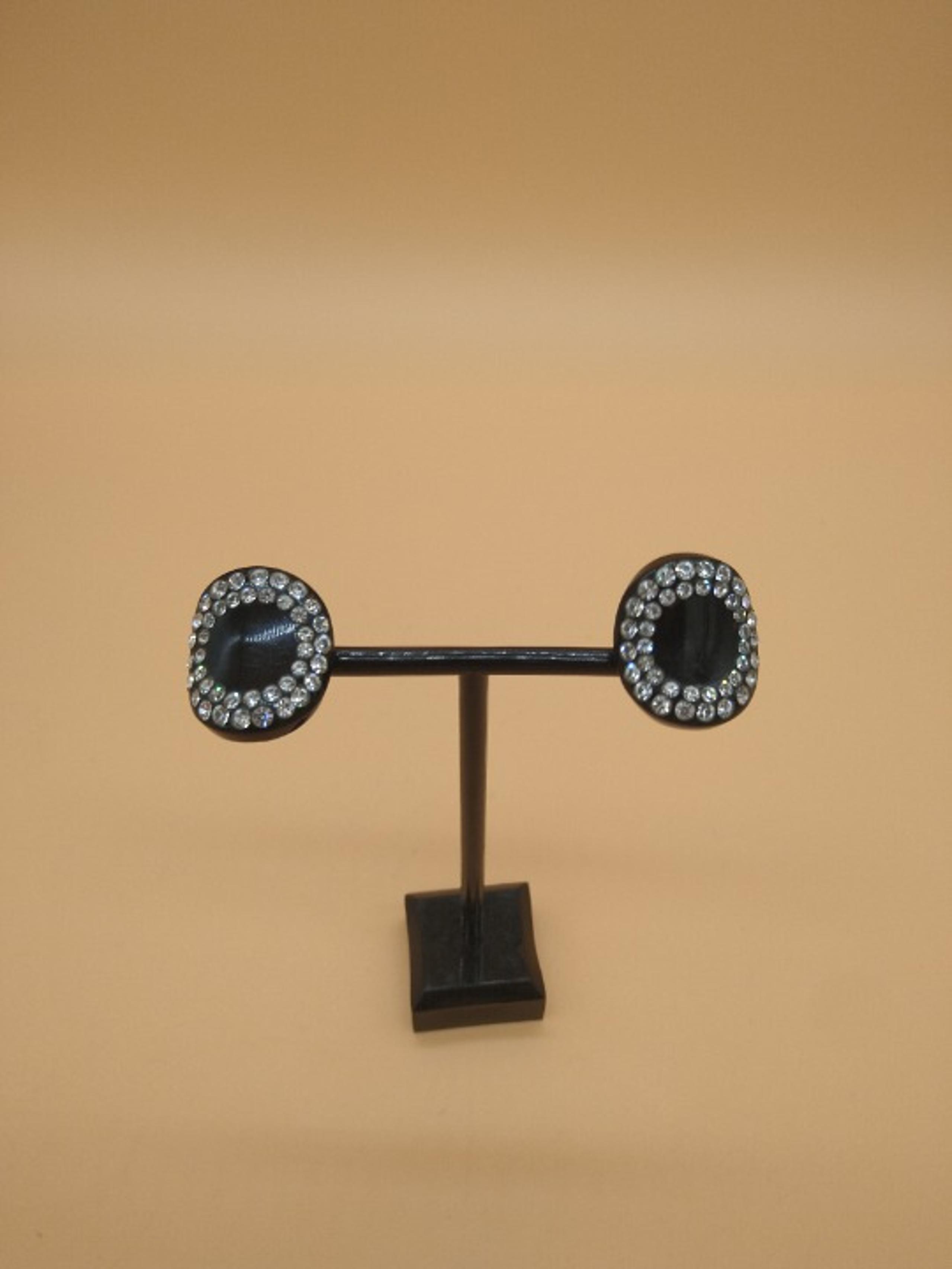 Vintage Clip On Earrings Black Plastic Rhinestone 80s