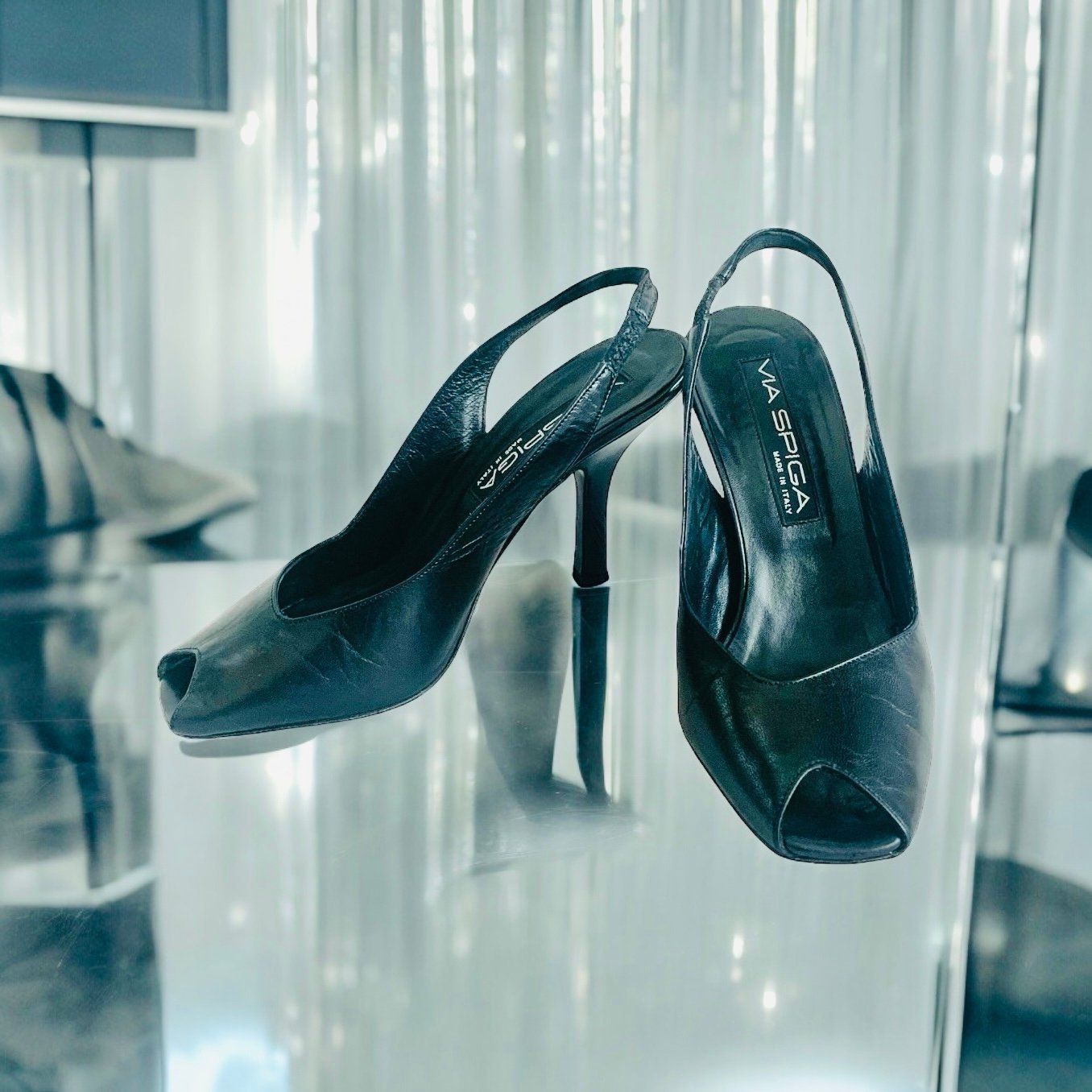 Women Shoes VIA SPIGA Black Leather High Heel Sandals High Heels Slingback Pumps