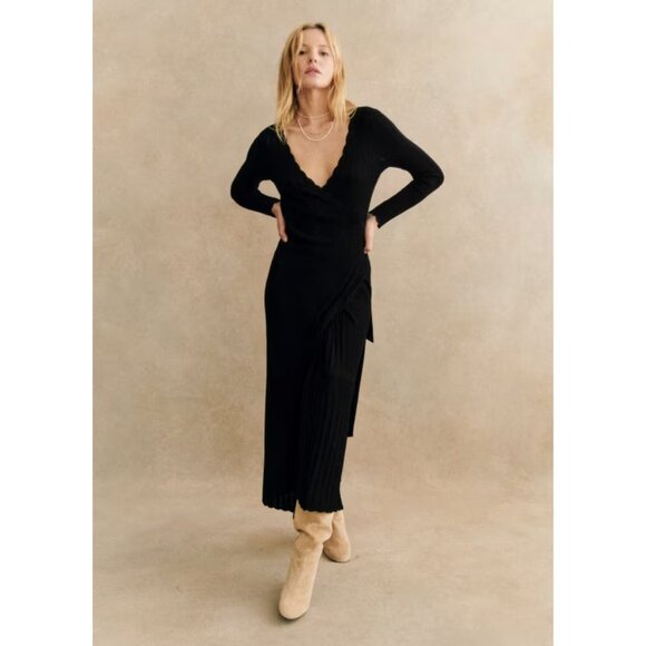 NWT La Maille Sezane Cecilia in Black Pointelle Knit Midi Wrap Sweater Dress S