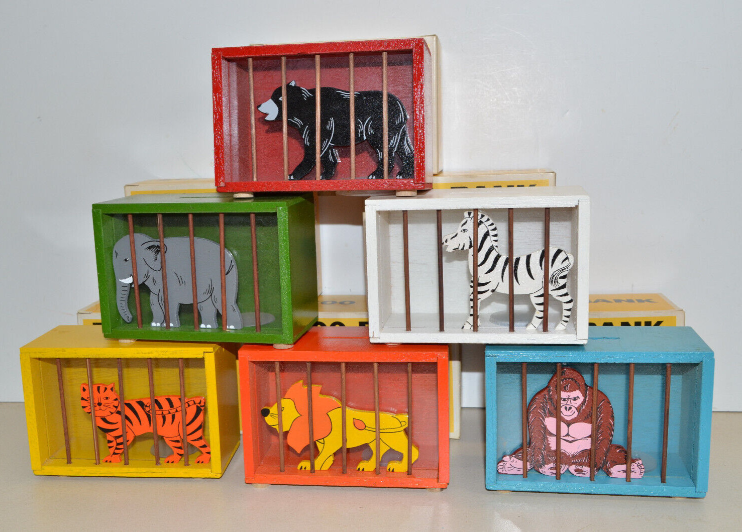Vintage PIGGY BANK Lot Zoo Animals Wooden Hand Painted Japan 1960s 1970s
