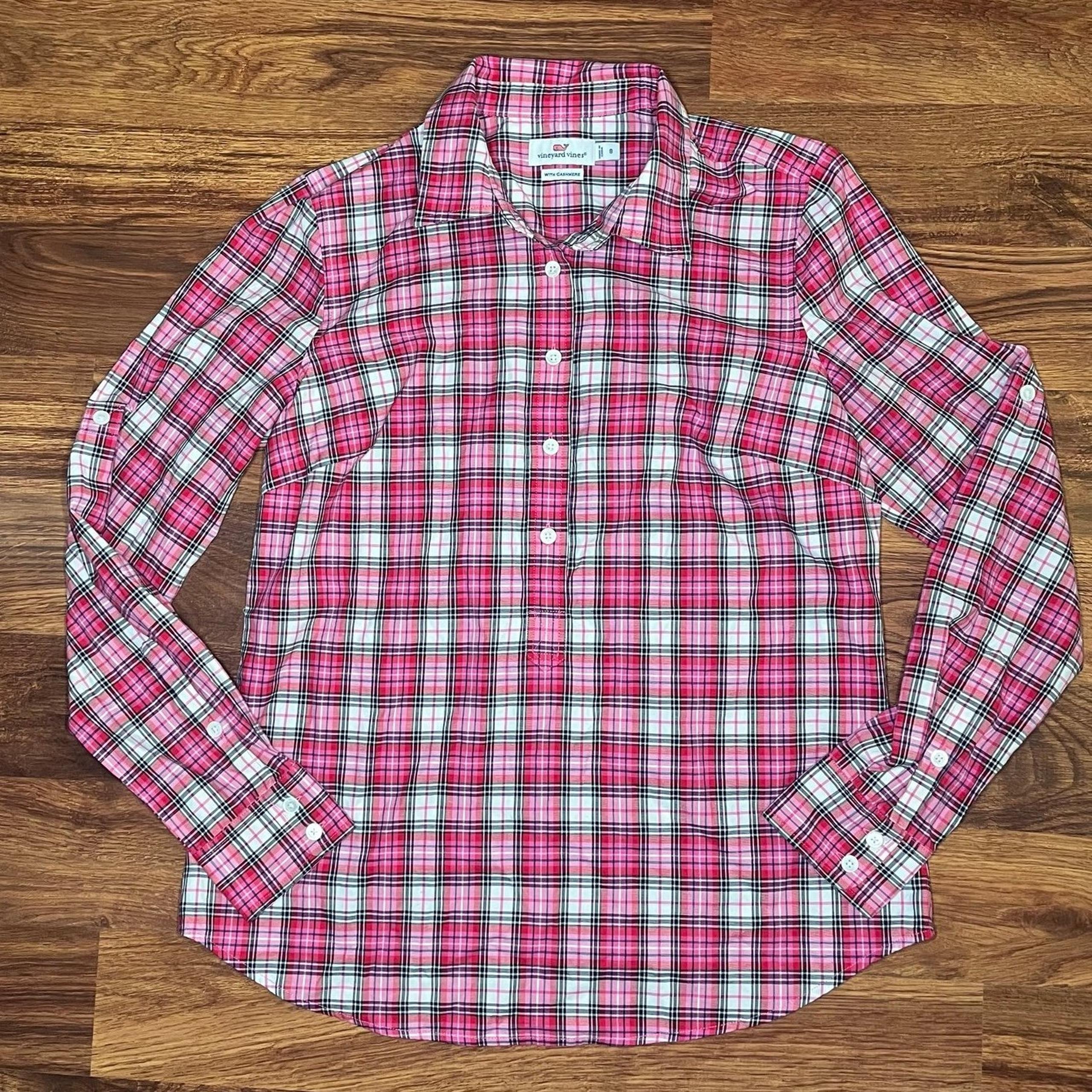 Vineyard Vines Cotton Cashmere Plaid Popover Shirt Pink Women’s Size 8