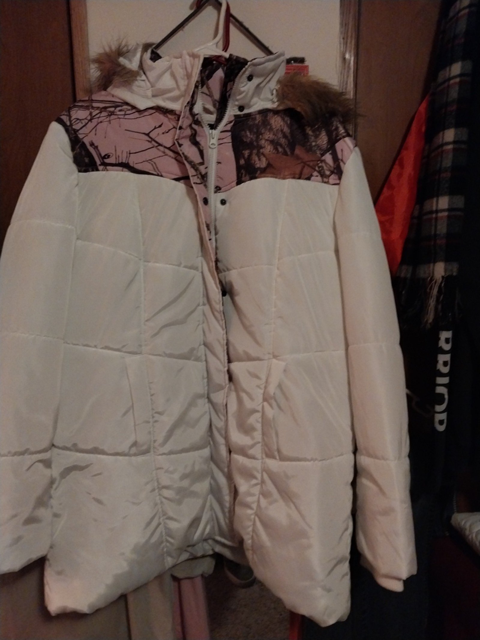 Beautiful white n pink trimmed full length puffer coat