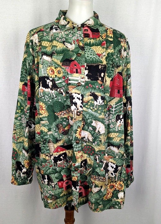 Vtg Handmade Womens Smock Top Buttons Pockets Barnyard Animals Print Farmhouse