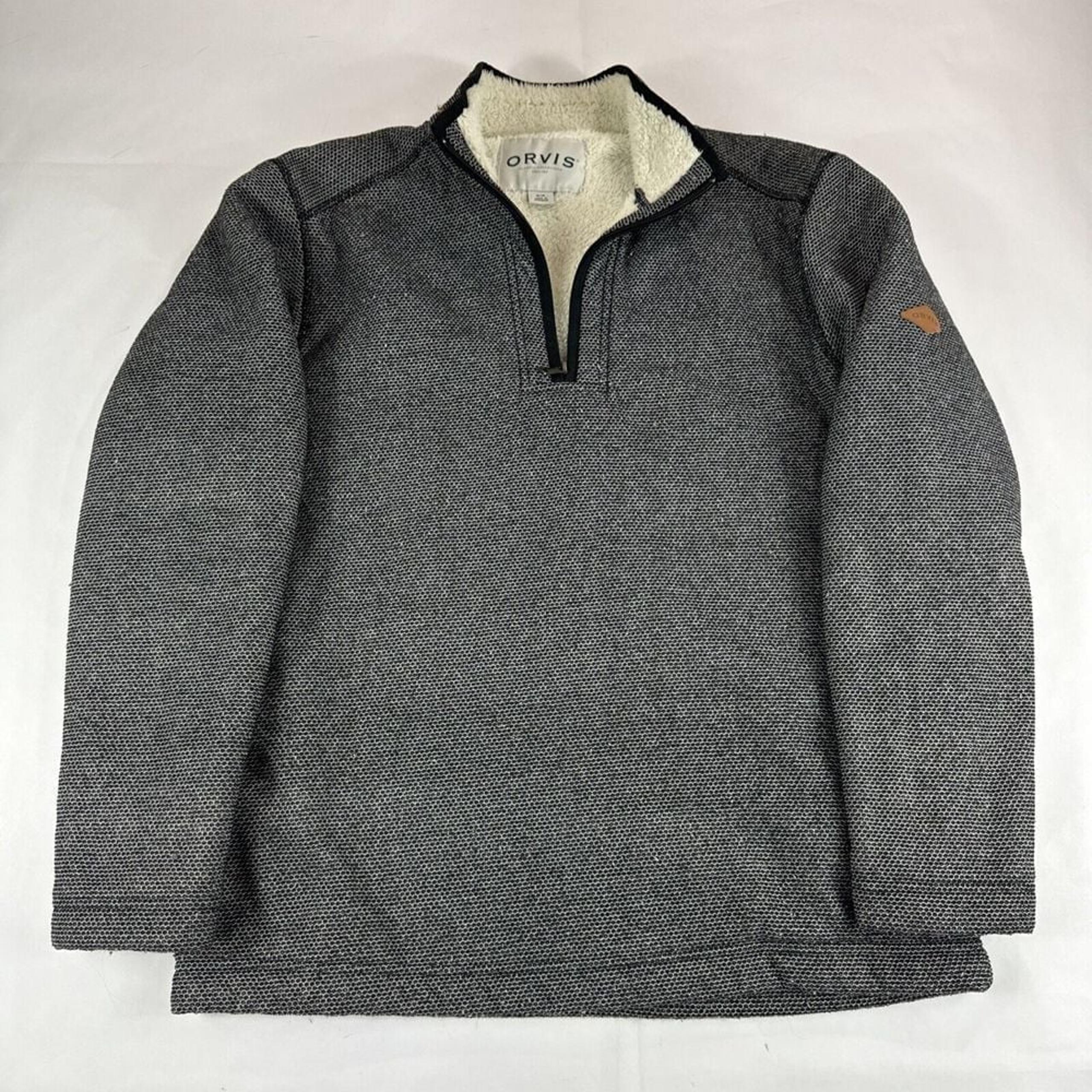 Orvis 1/4 Zip Sherpa Lined Pullover Mens M Gray Sweater Polo Sweatshirt Camping