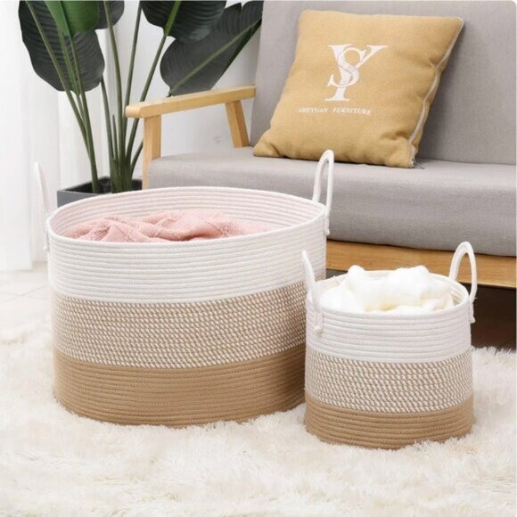 CASA LIFE DESIGNS Large Storage Durable Basket W Handles Brown White 14 x 20 *