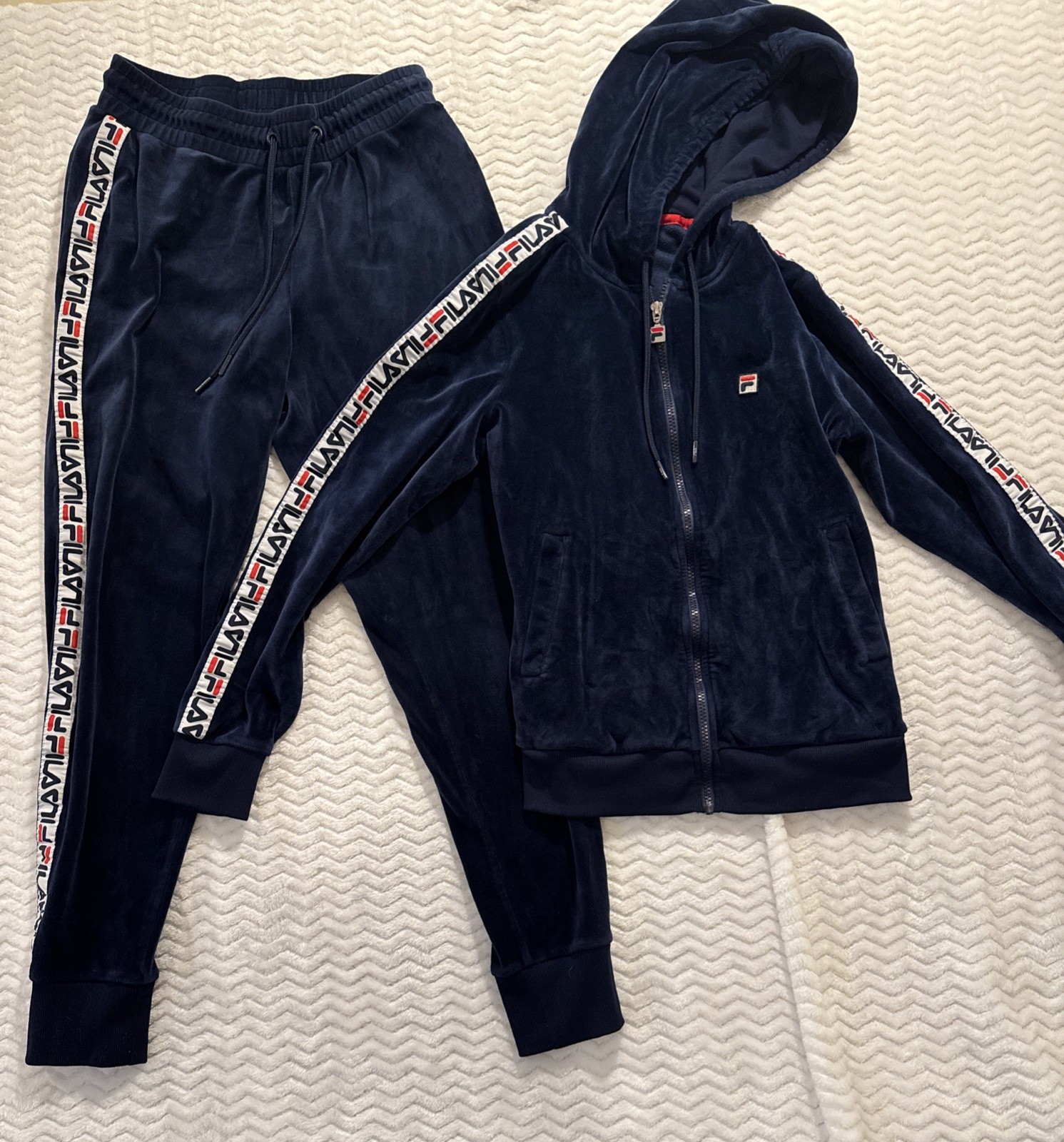 Vintage Fila Velour Track Suit Mens/ Women's Sm Blue Full Zip Jacket & Pant Hood