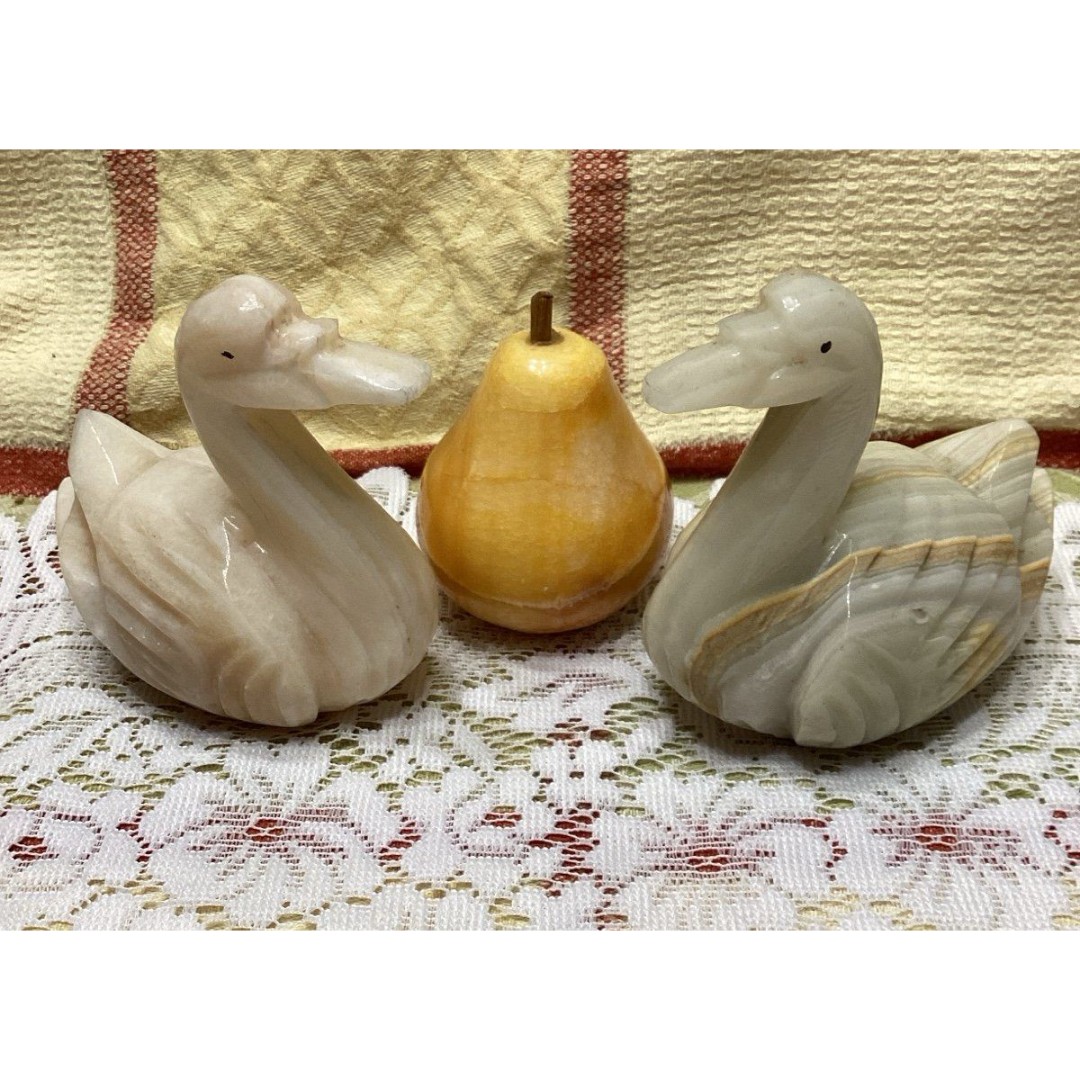 Vintage Solid Polished Stone Carved Swans and Yellow Pear Unknown Material