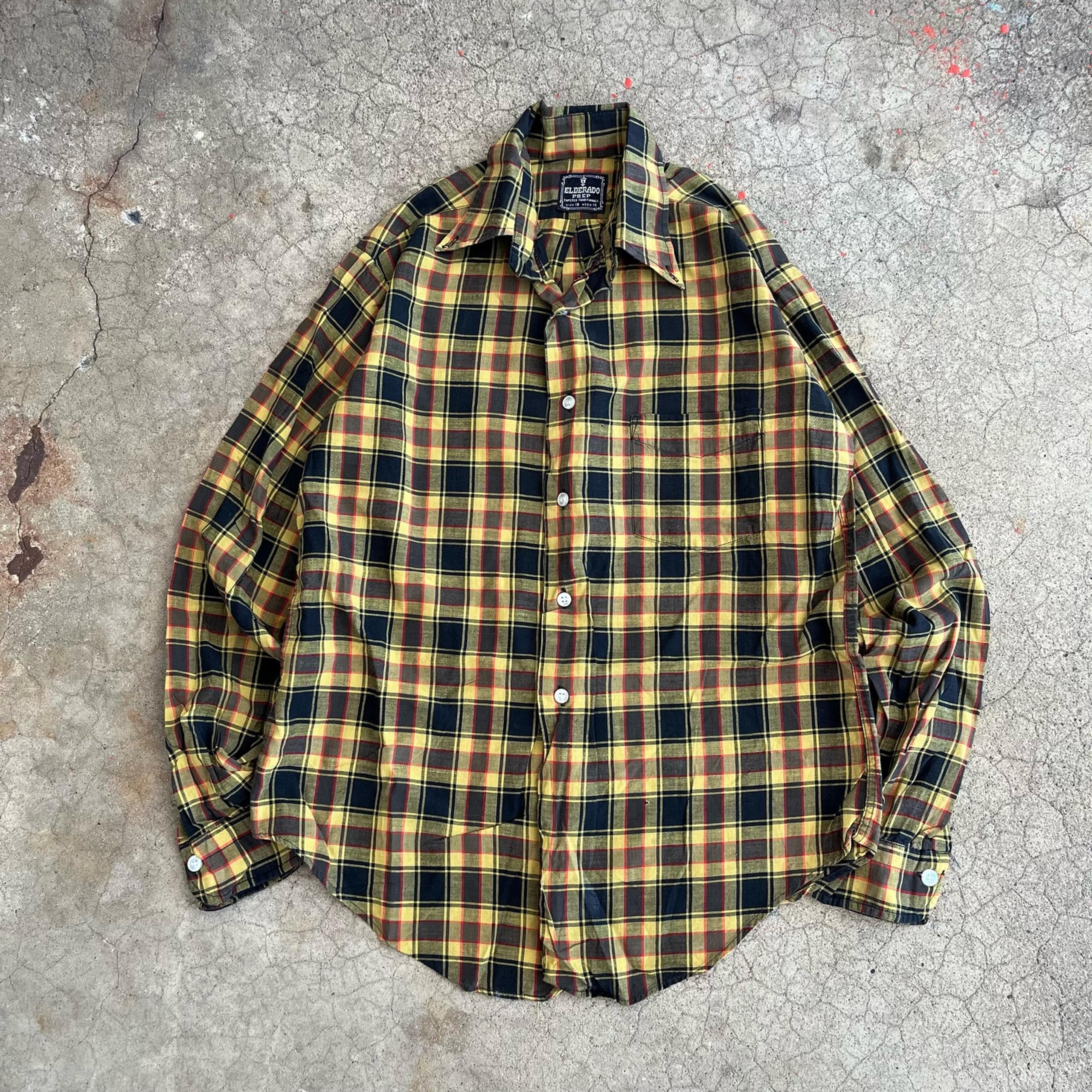 Vintage 1960s Elderado Prep Black Yellow Tartan Plaid Retro Button Up Shirt