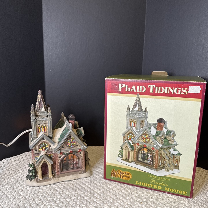 PLAID TIDINGS Porcelain Lighted Christmas Village House Cracker Barrel VTG