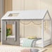 Twin Size House Platform with Roof and Window, White+Antique Grey