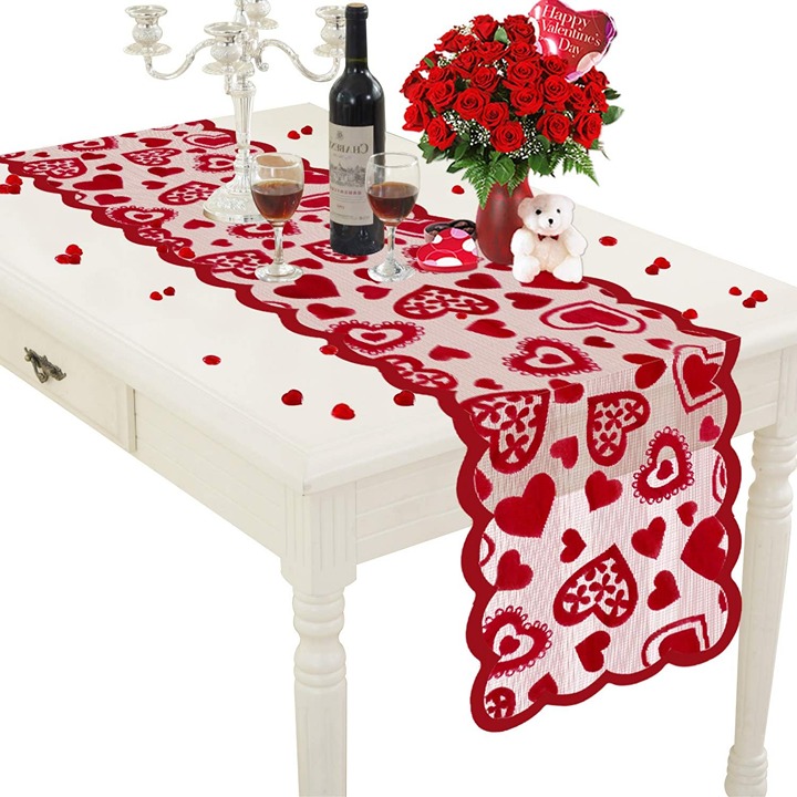 Valentines Day Decor Table Runner 13 x 72 Inch Red Lace