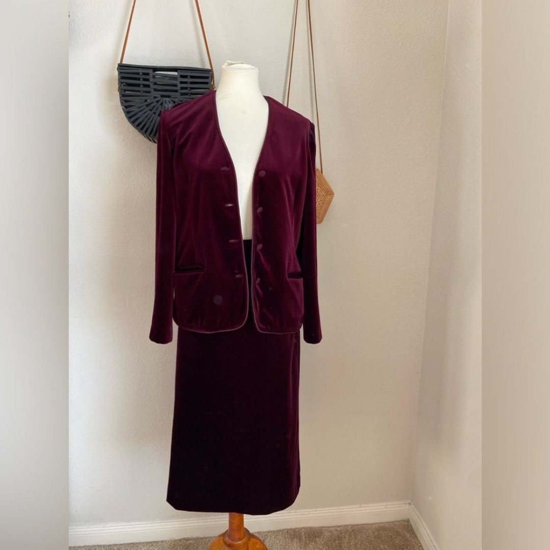 Vintage Act III Burgundy Velour Two Piece Skirt Suit Set, Size 14