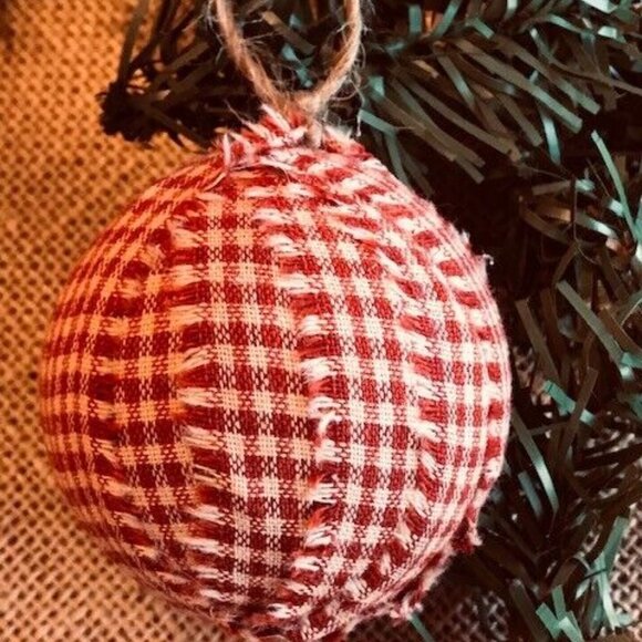 10 Primitive BARN RED Fabric RAG BALLS Christmas Ornaments farmhouse decor