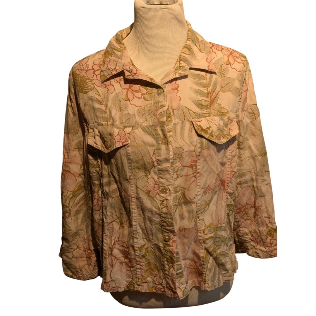Pineapple Moon 100% Silk Tropical Floral Shirt Medium M Button Up Blouse