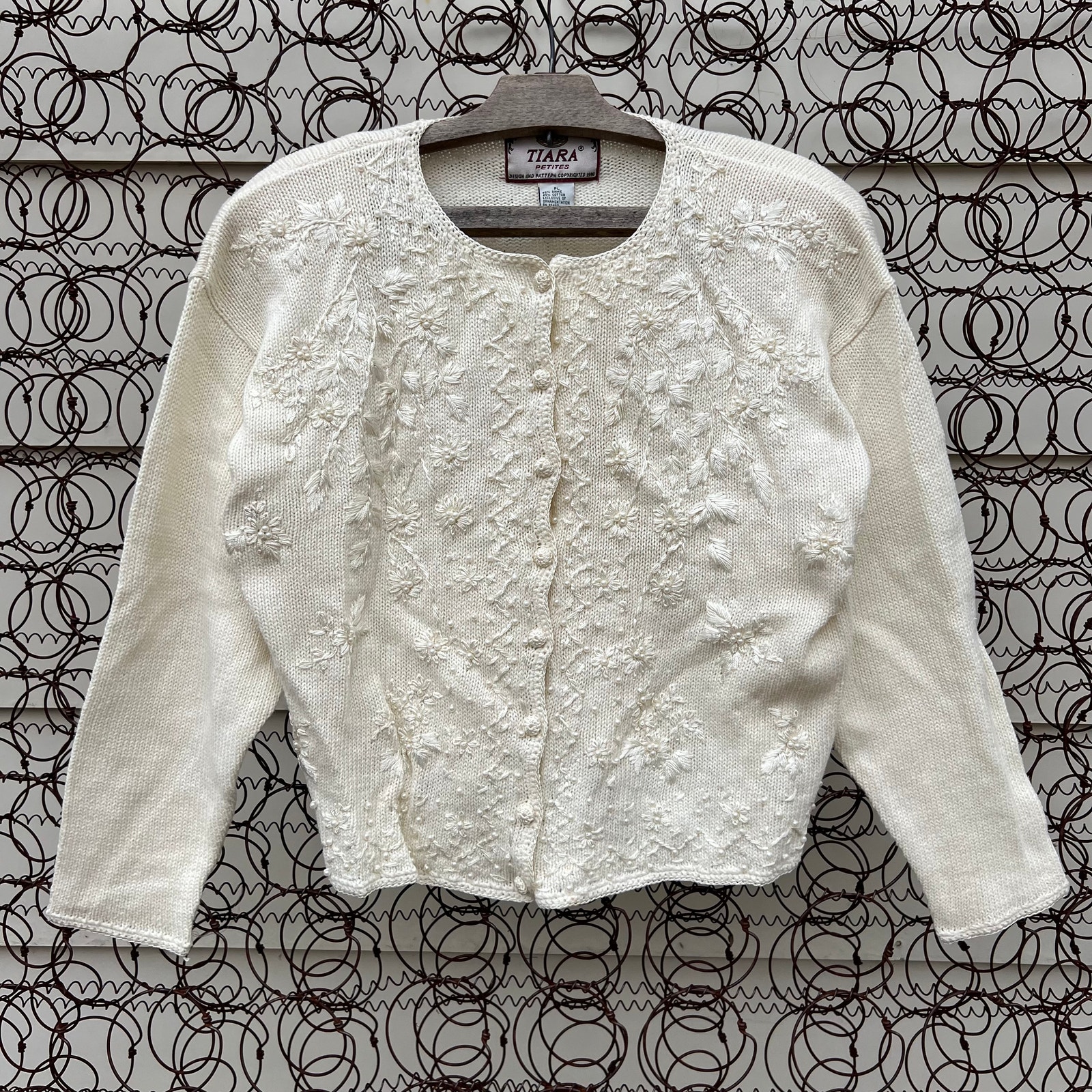 Vintage knit cardigan sweater embroidered Vining floral and bead design Tiara