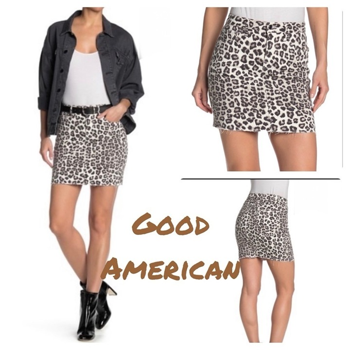 Good American Leopard Print Raw Edge Mini Skirt. Animal print, fun, flirty