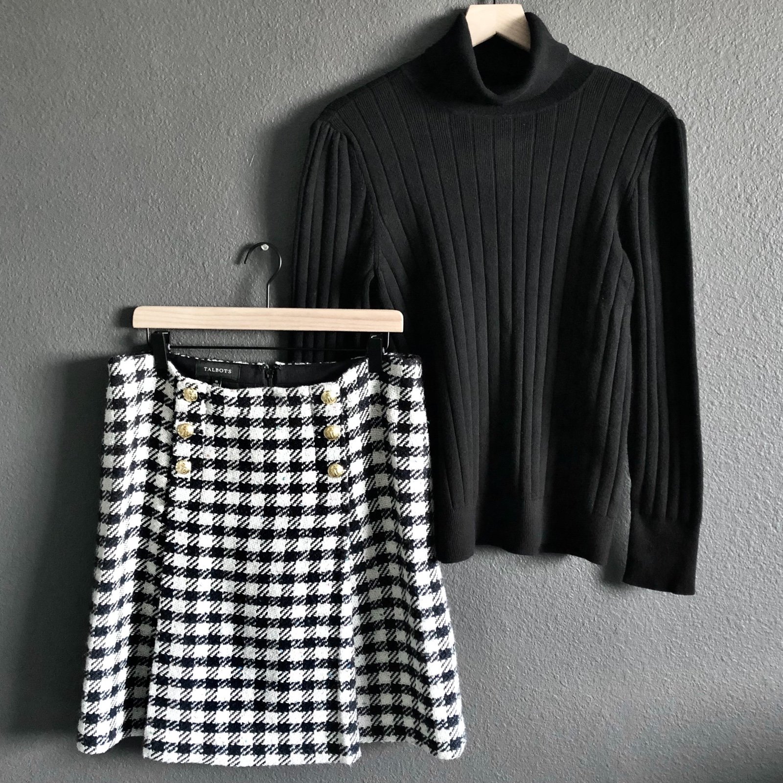 Talbots Black Turtleneck Sweater and Houndstooth Wool Skirt Bundle |Size: 10