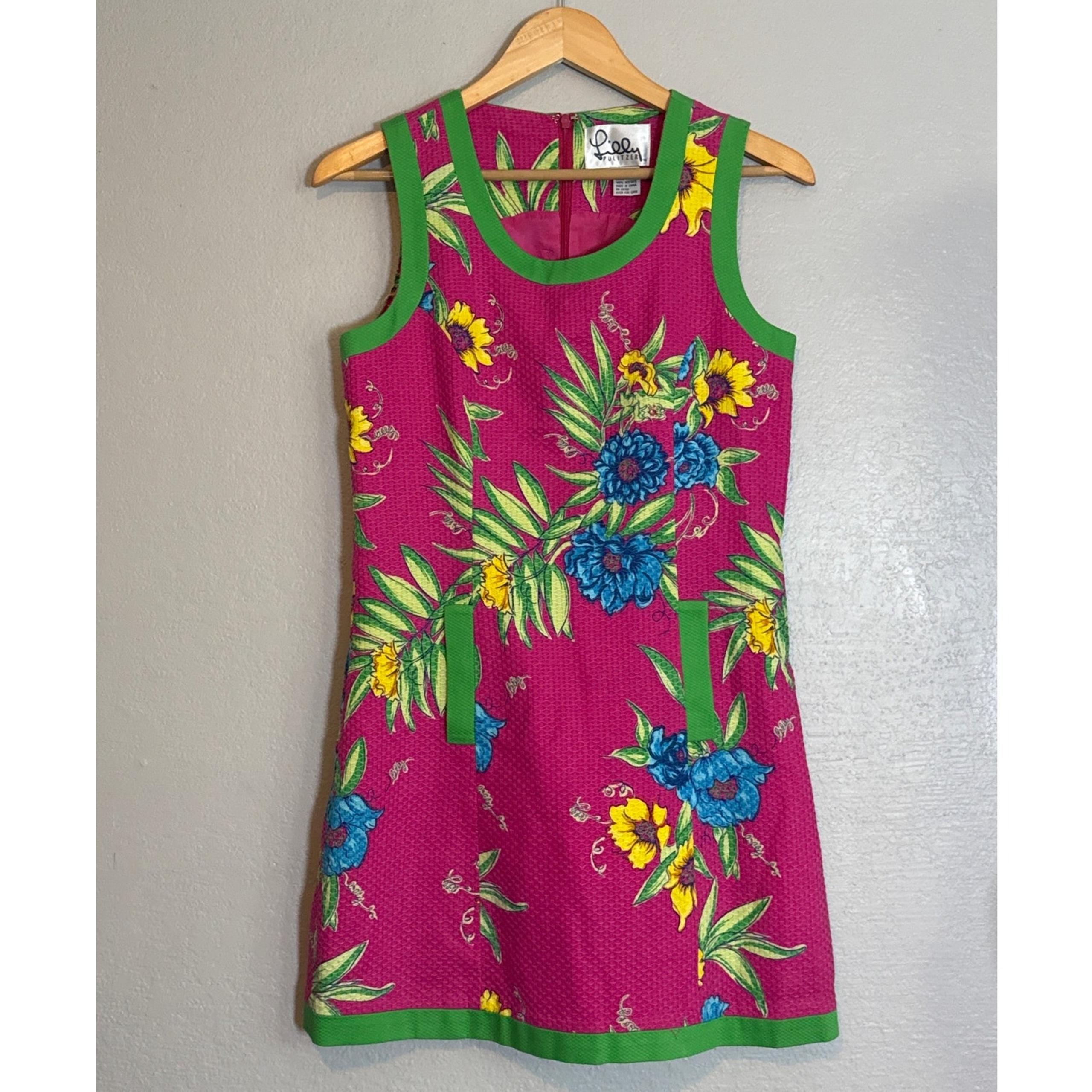 Vintage 90s Lilly Pulitzer Pink Waffle Knit Floral Tropical Dress Women 6 Summer