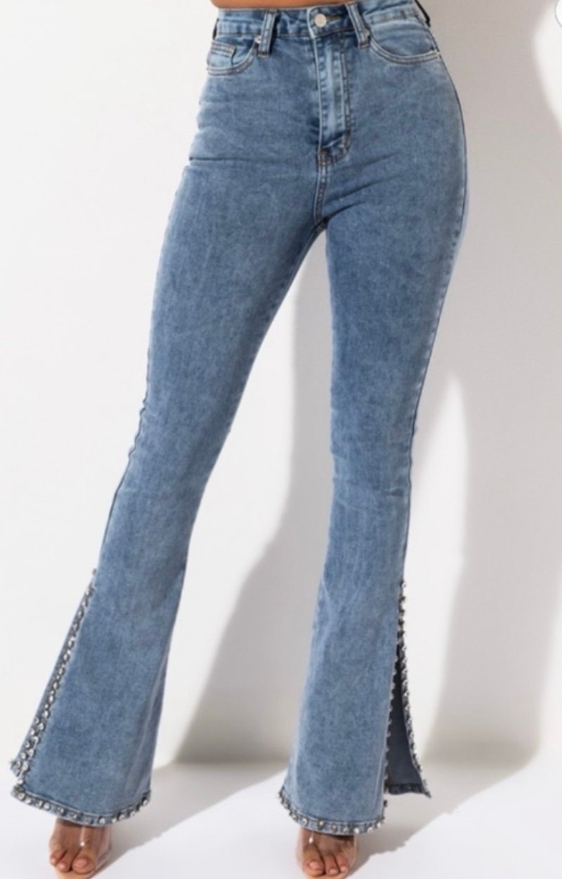 Akira Gracey High Waist Rhinestone Bootcut Split Flare Stretchy Jean 17(W32)