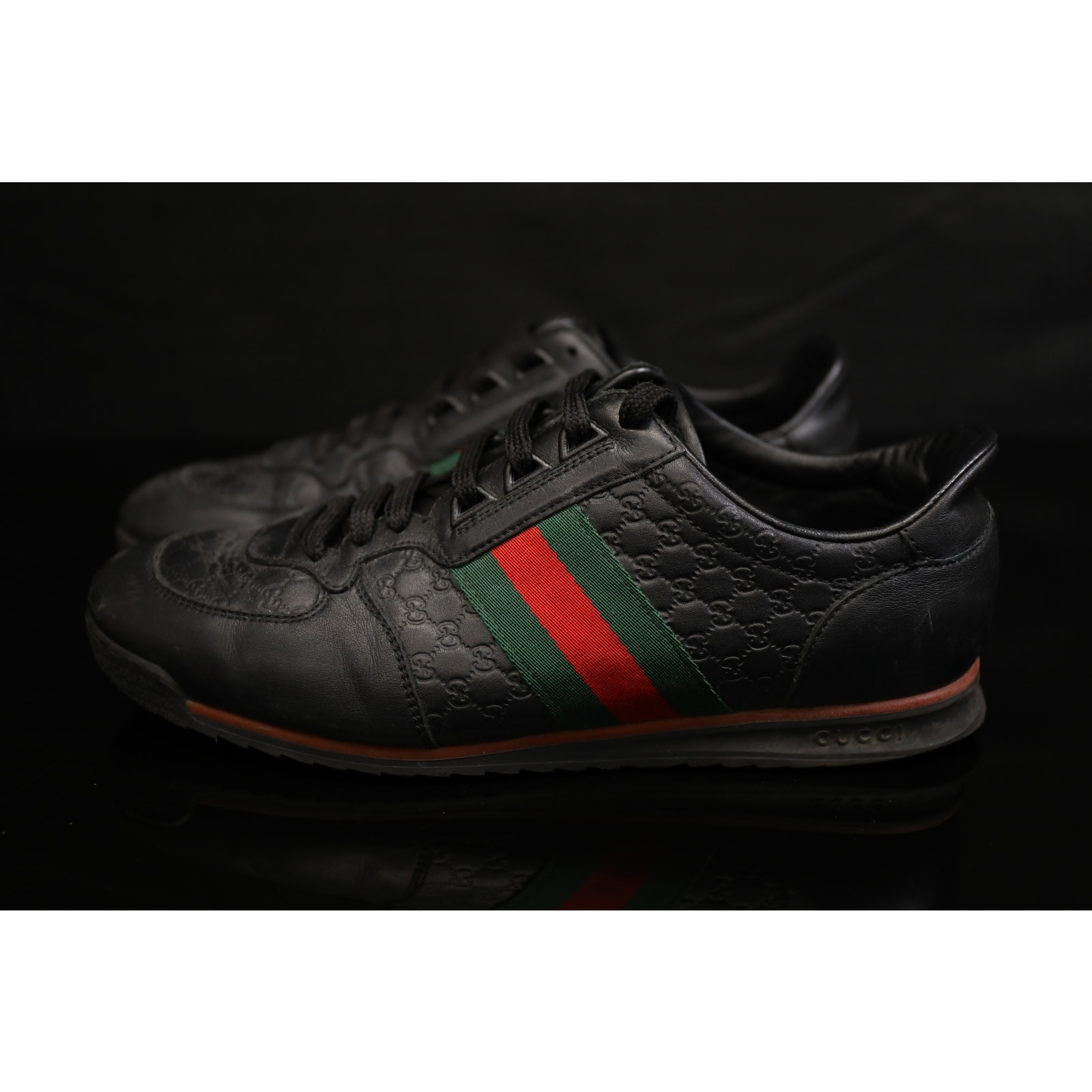Mens Gucci Monogram Leather Web Sneakers Black Size 7
