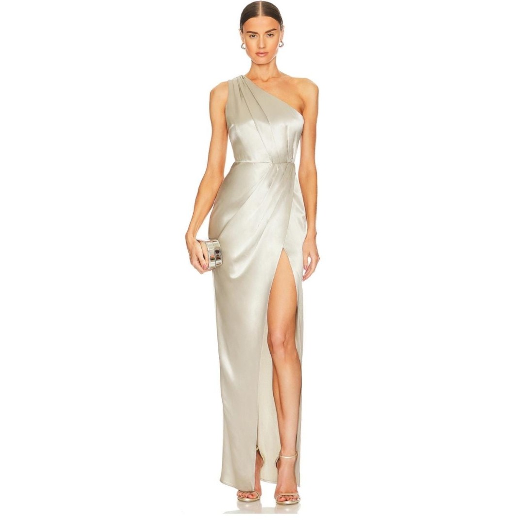 x REVOLVE Preston Sue Lee Satin Silk Asymmetric Thigh-High Slit Gown Size 2 NWT