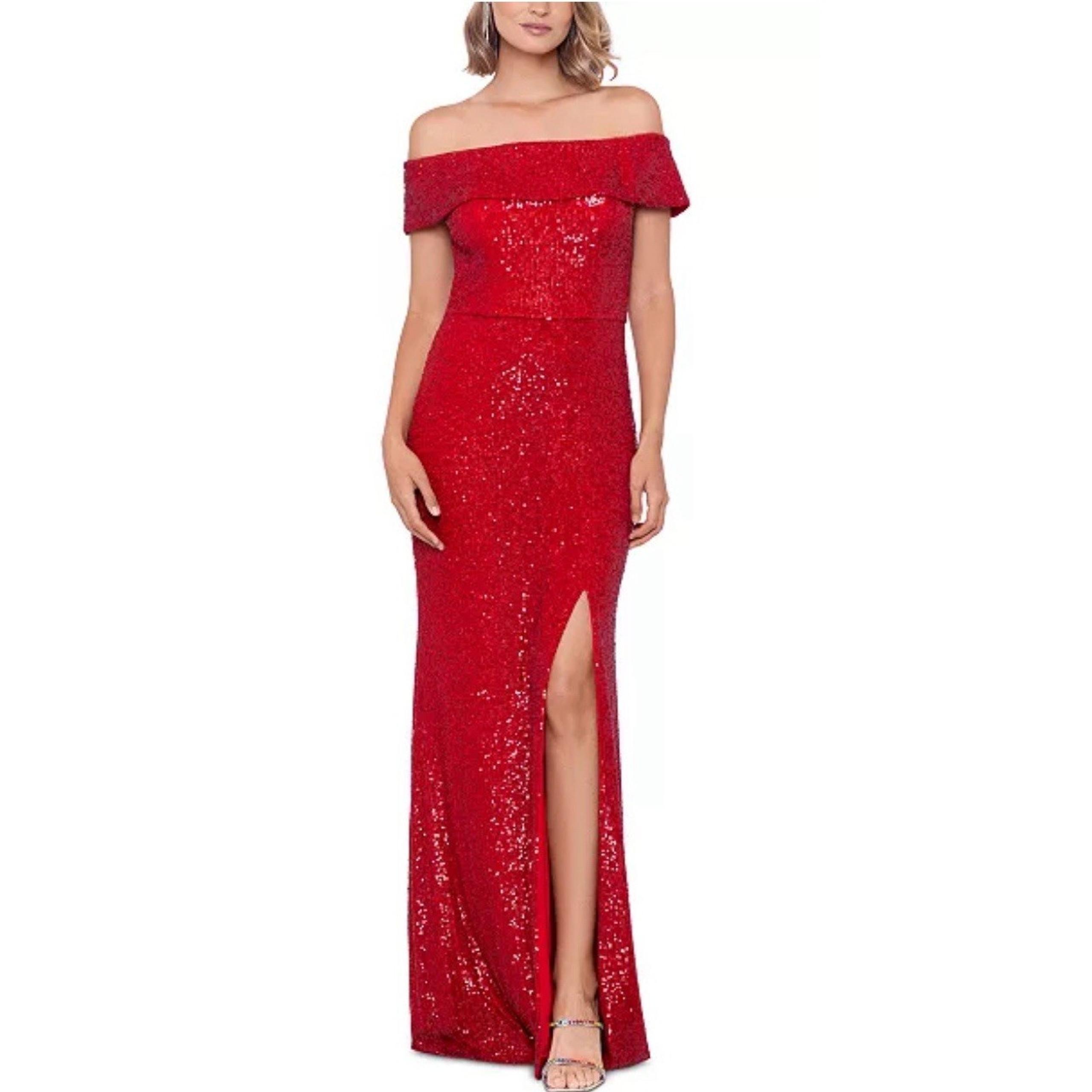 New XSCAPE Women's Off-The-Shoulder Slit-Front Sequin Gown Sz 12 Style 5136x