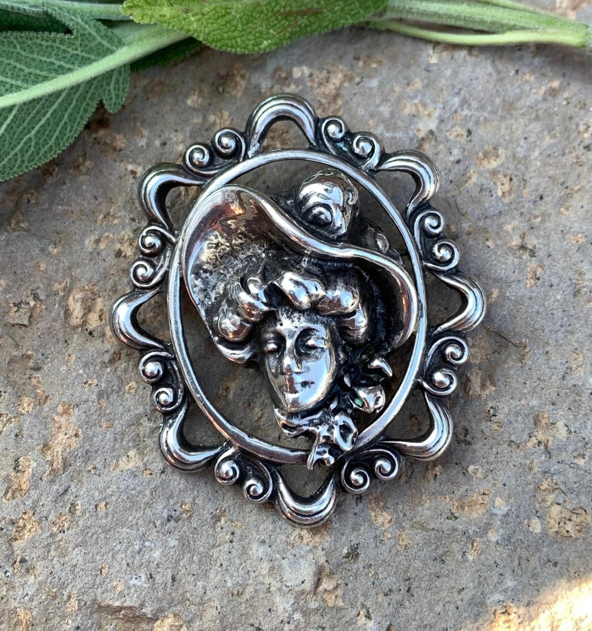 Vintage Victorian Revival Victorian Lady Cameo Sterling Silver Pin Brooch